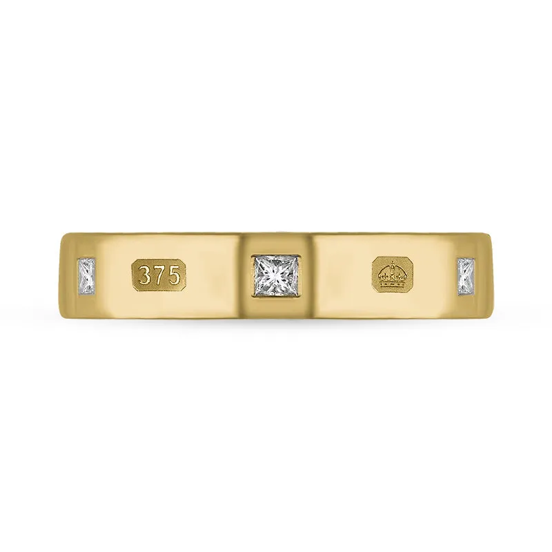 9ct Yellow Gold 0.18ct Diamond King's Coronation Hallmark Princess Cut 4mm Ring D