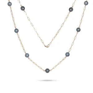 Adjustable 34-35" Tahitian Black Pearl Paperclip Chain Necklace in Gold - 10-11mm