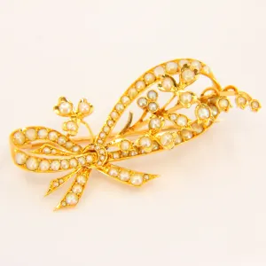 Antique 18ct Floral Bow Brooch 18 Carat Gold Pearl Dot Brooch Yellow Gold Boxed
