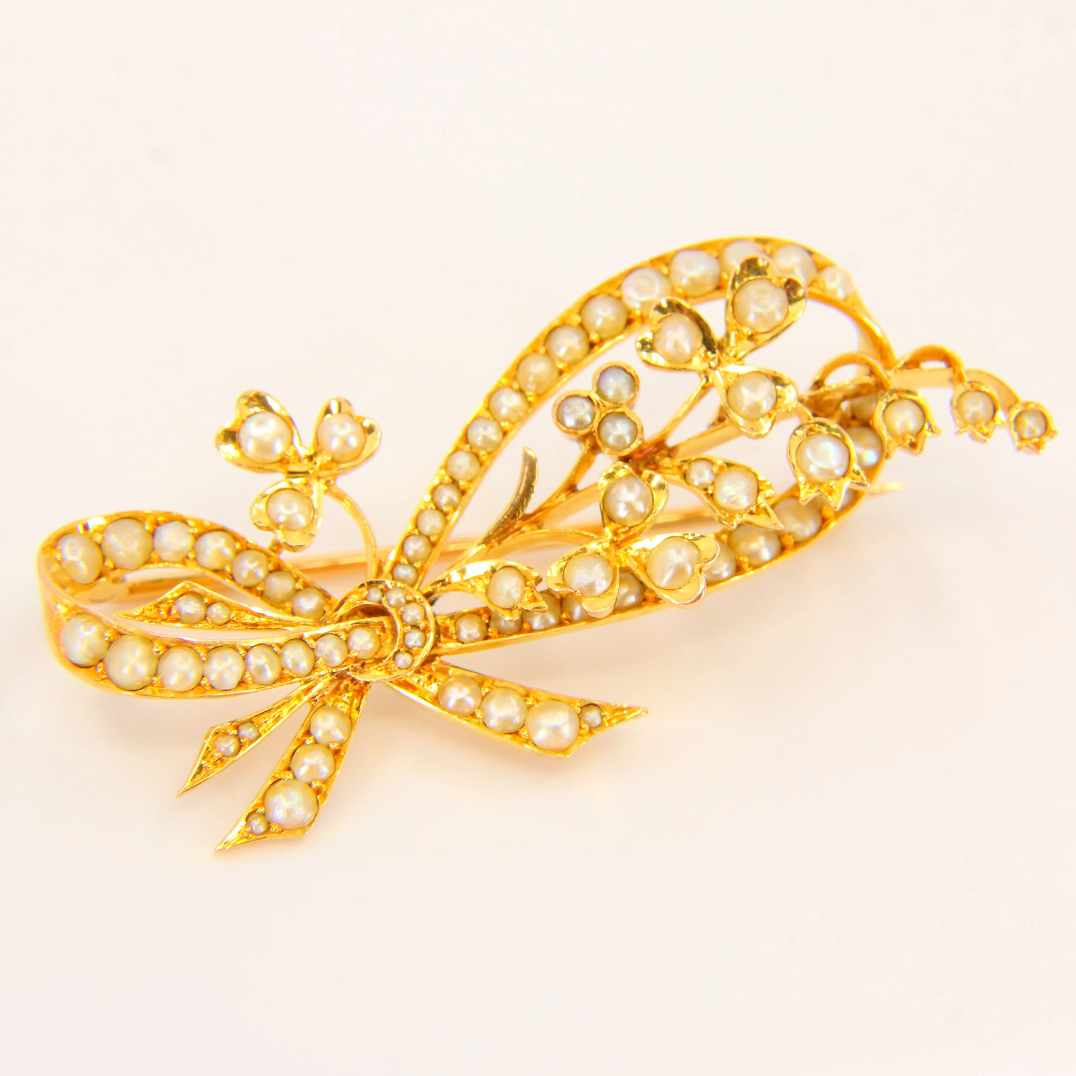 Antique 18ct Floral Bow Brooch 18 Carat Gold Pearl Dot Brooch Yellow Gold Boxed