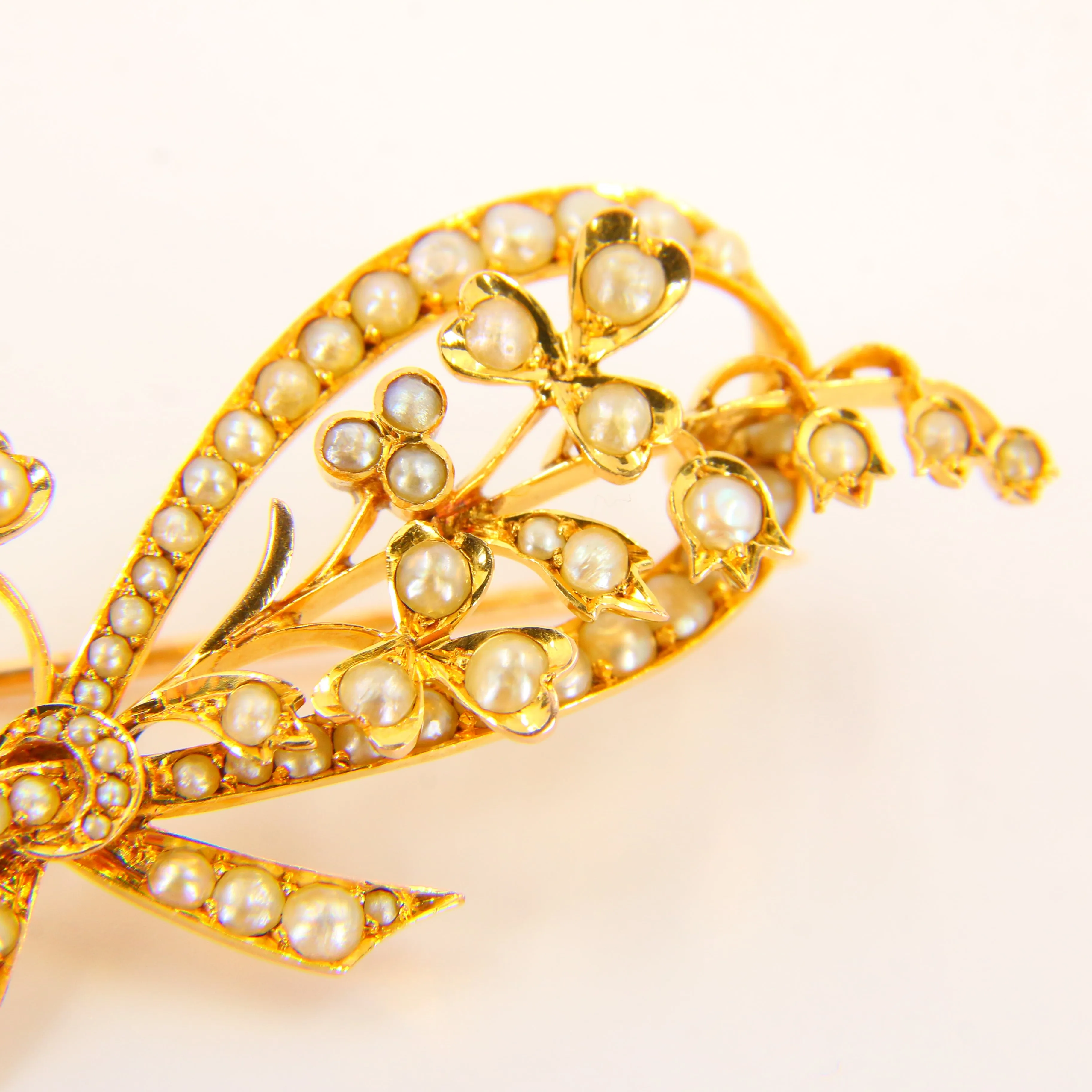 Antique 18ct Floral Bow Brooch 18 Carat Gold Pearl Dot Brooch Yellow Gold Boxed