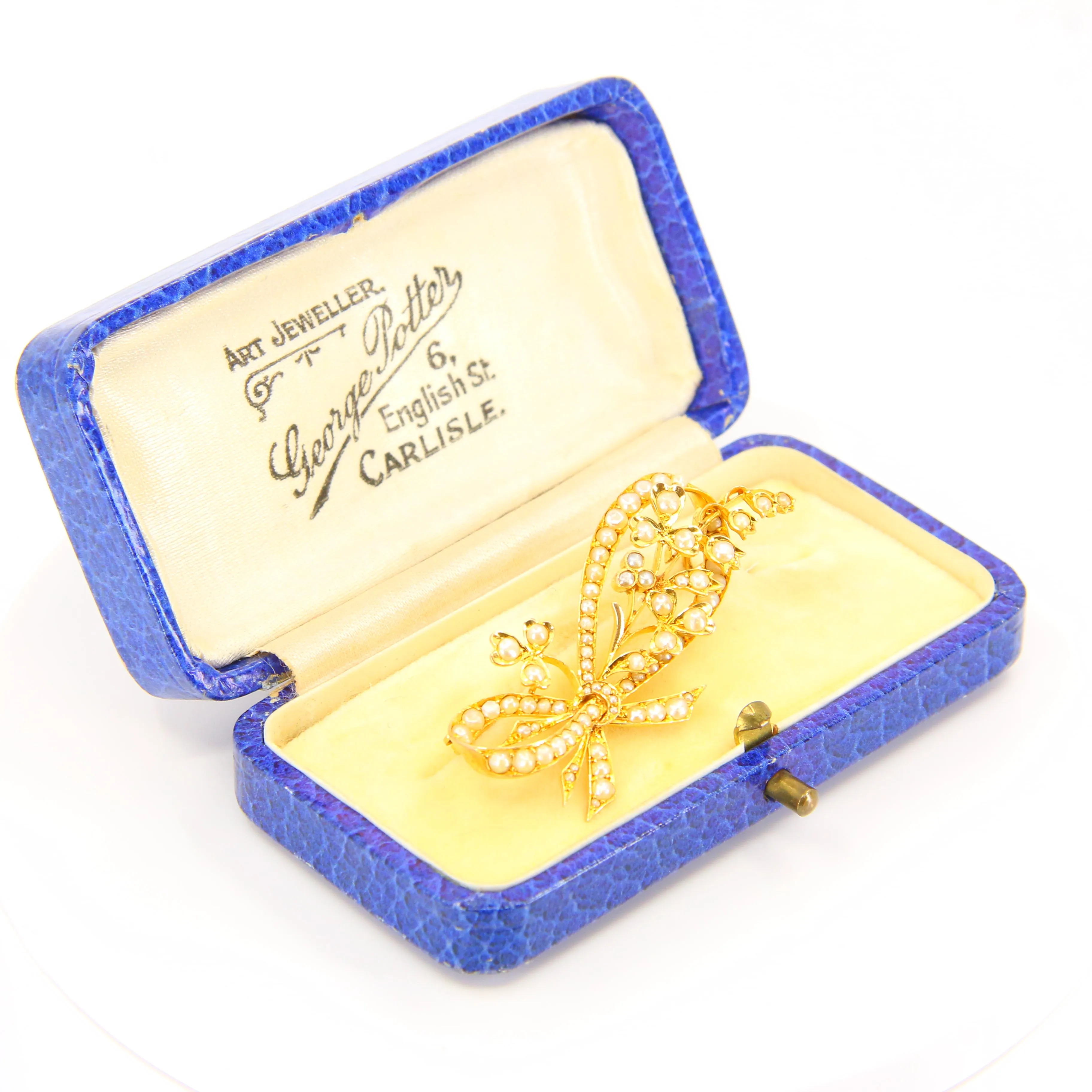 Antique 18ct Floral Bow Brooch 18 Carat Gold Pearl Dot Brooch Yellow Gold Boxed