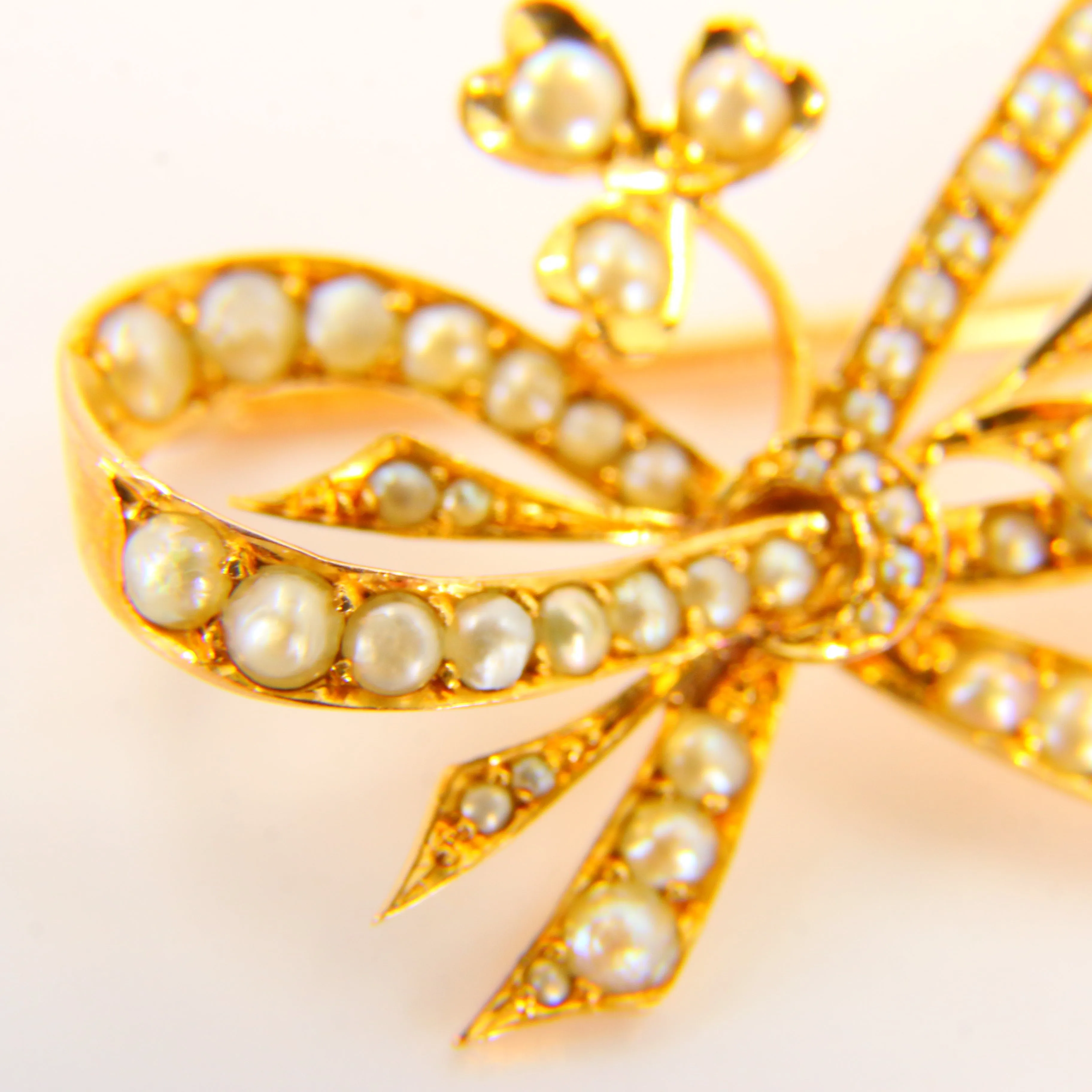 Antique 18ct Floral Bow Brooch 18 Carat Gold Pearl Dot Brooch Yellow Gold Boxed