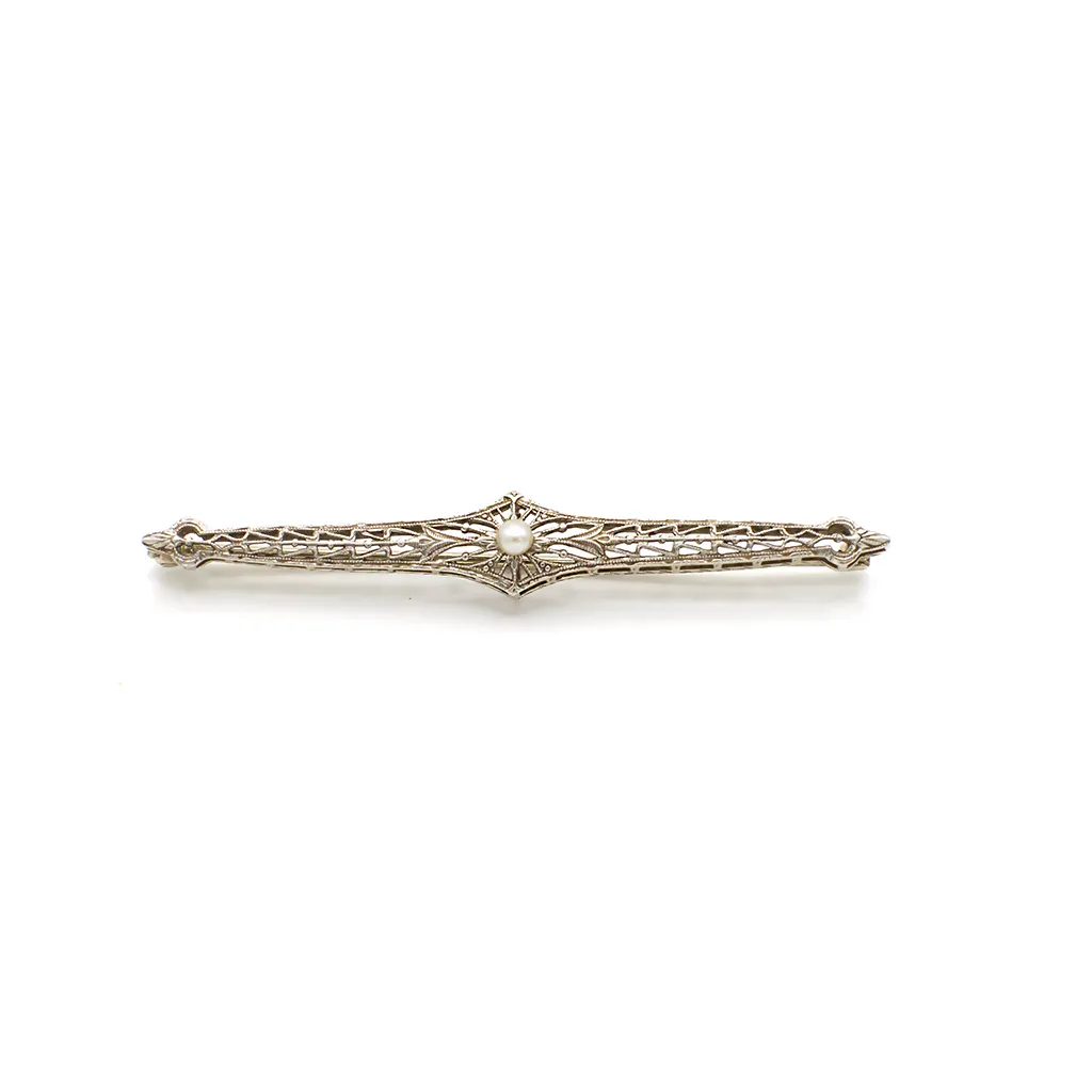 Antique Art Deco Platinum Over 14K White Gold Filigree and Genuine Button Pearl Bar Pin