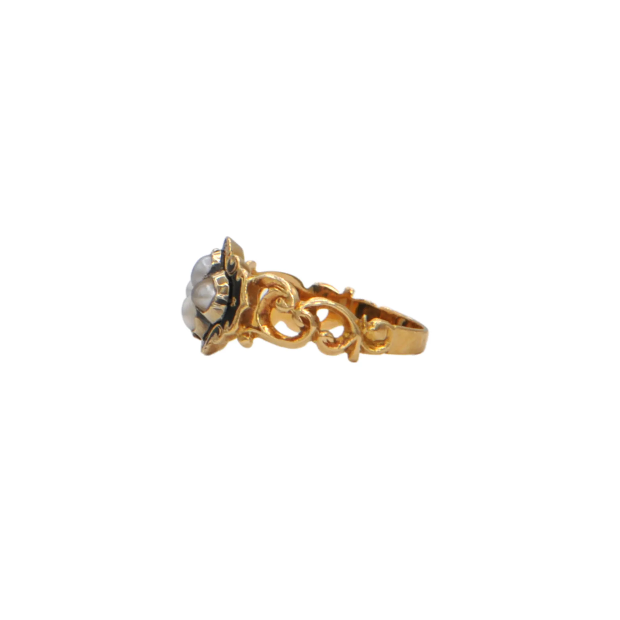Antique Victorian Seed Pearl and Enamel 18k Gold Mourning Ring