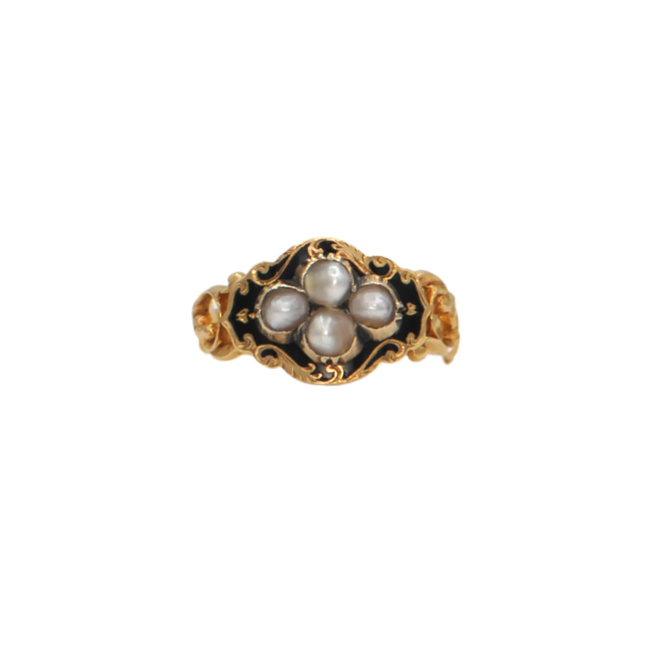 Antique Victorian Seed Pearl and Enamel 18k Gold Mourning Ring