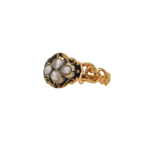 Antique Victorian Seed Pearl and Enamel 18k Gold Mourning Ring