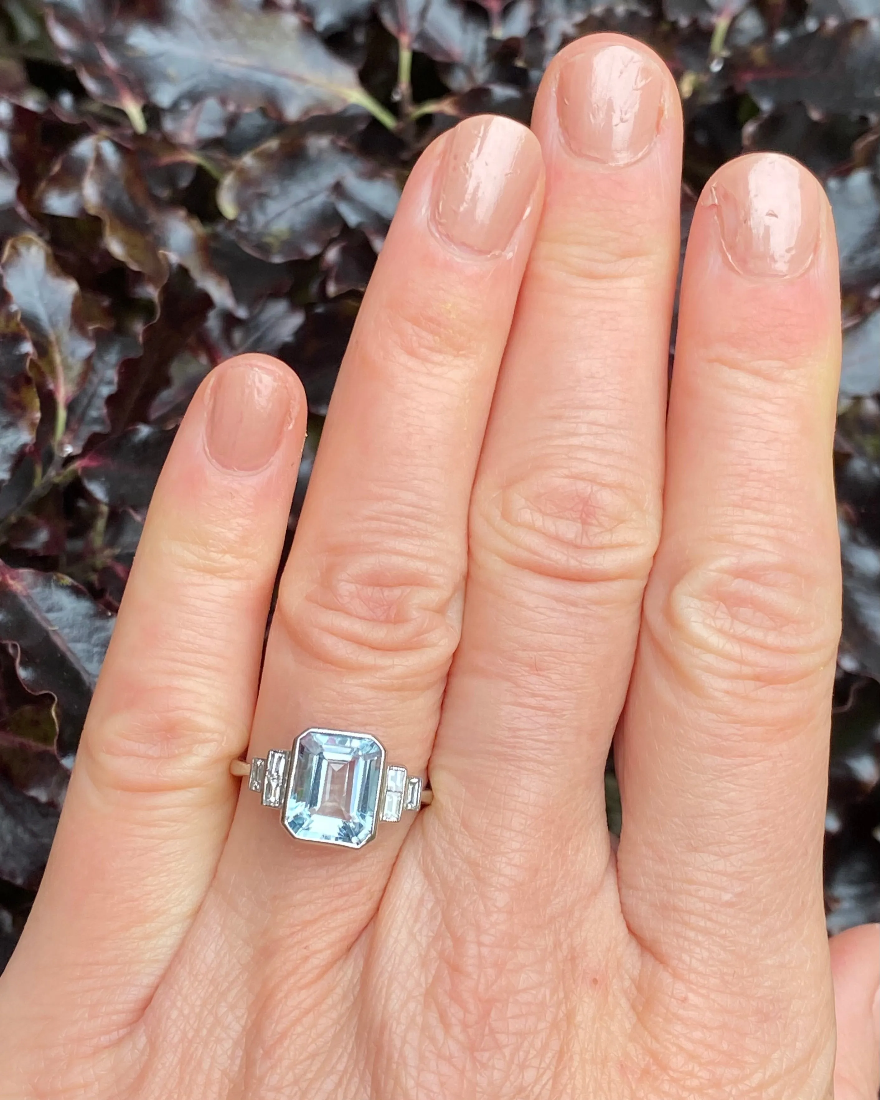Art Deco Aquamarine and Diamond Platinum Ring 0.30ct   2.20ct