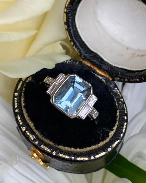 Art Deco Aquamarine and Diamond Platinum Ring 0.30ct   2.20ct