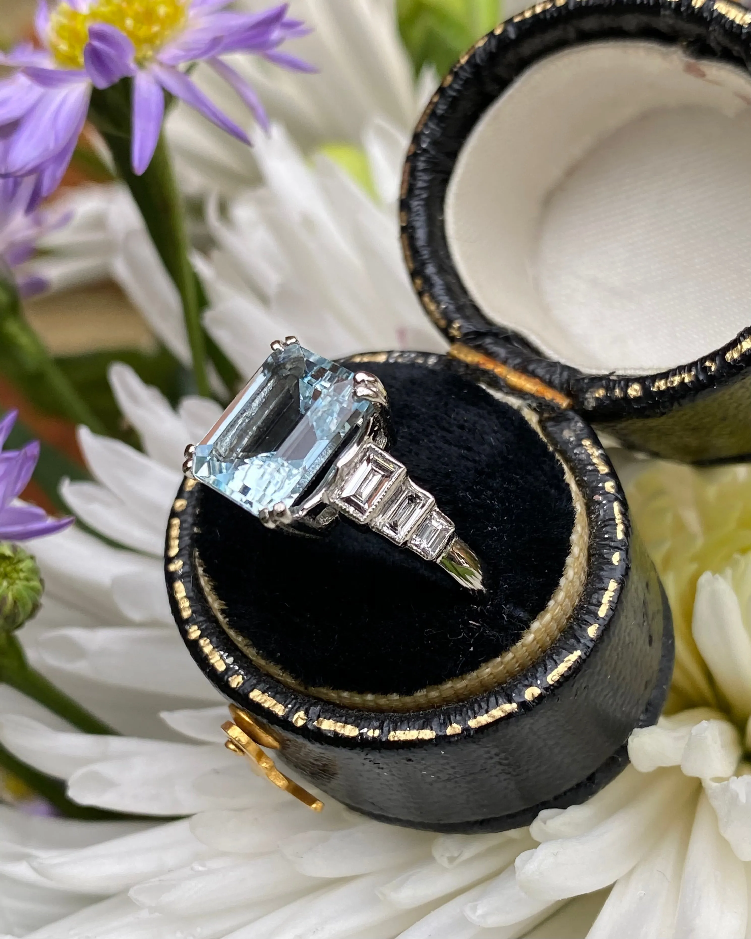 Art Deco Aquamarine and Diamond Platinum Ring 0.45ct   3.0ct