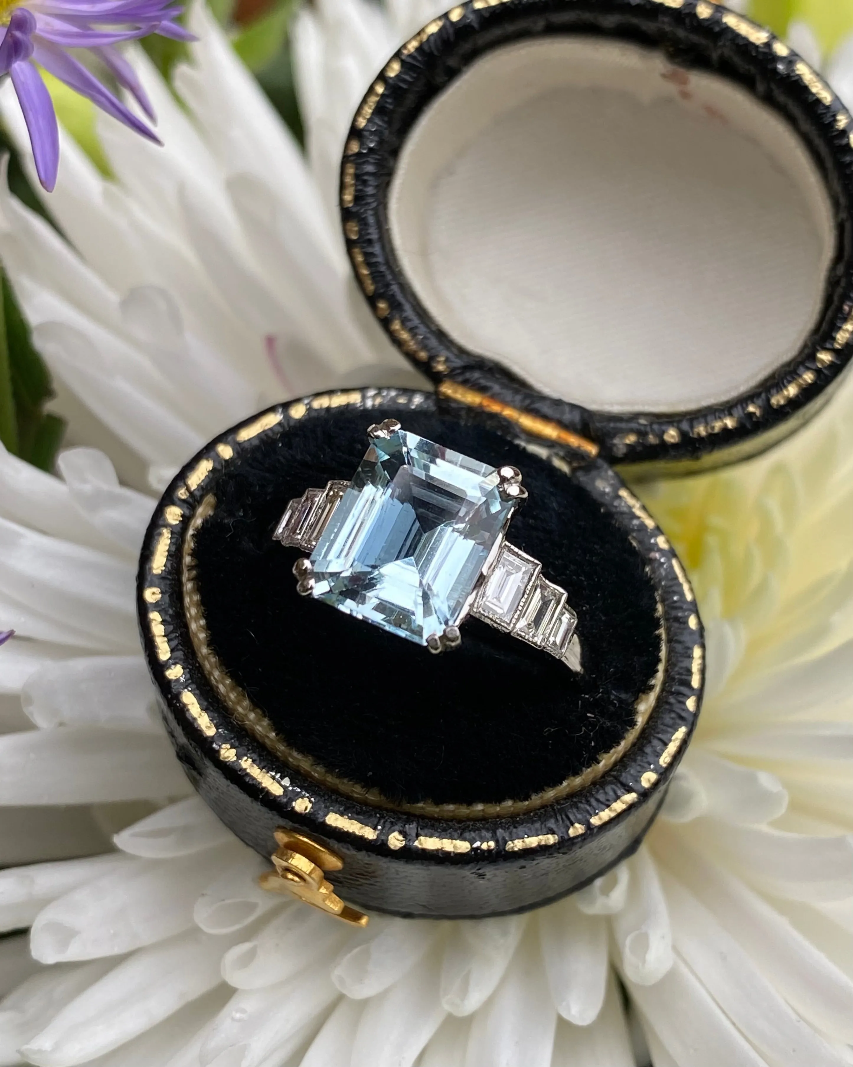 Art Deco Aquamarine and Diamond Platinum Ring 0.45ct   3.0ct