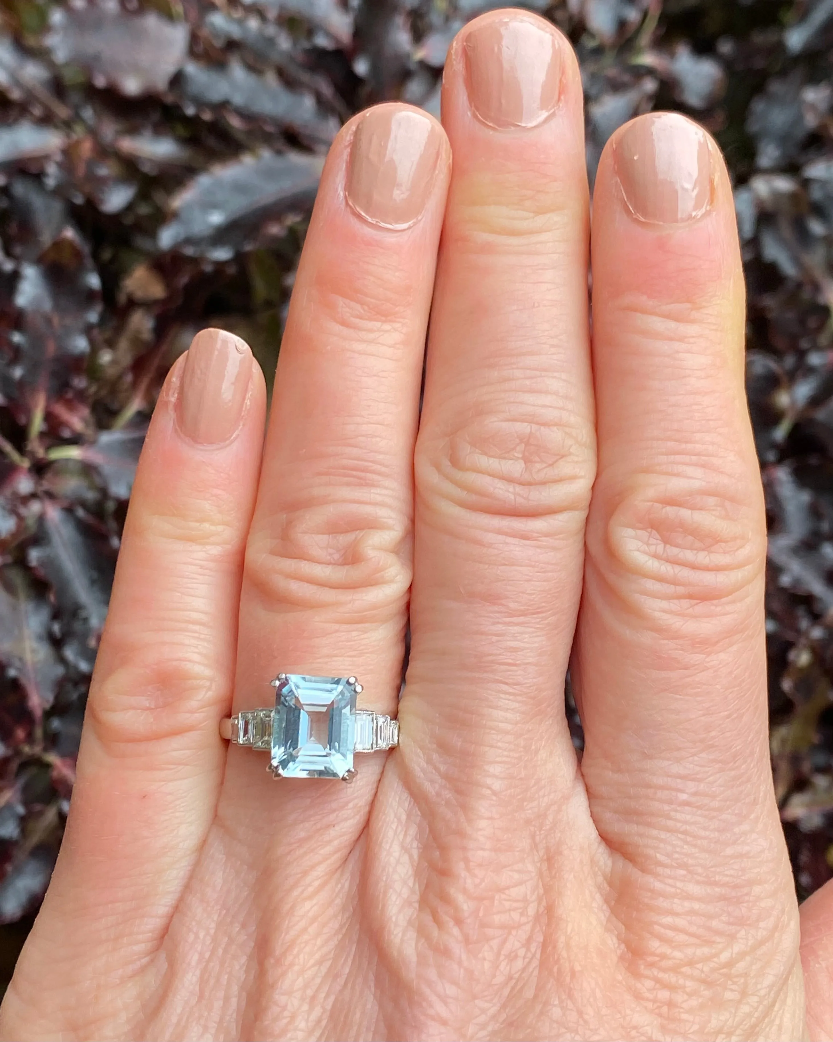 Art Deco Aquamarine and Diamond Platinum Ring 0.45ct   3.0ct