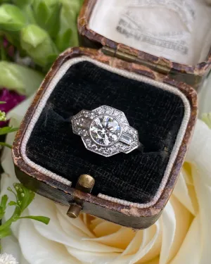 Art Deco Diamond Solitaire Platinum Cluster Ring 1.46ct