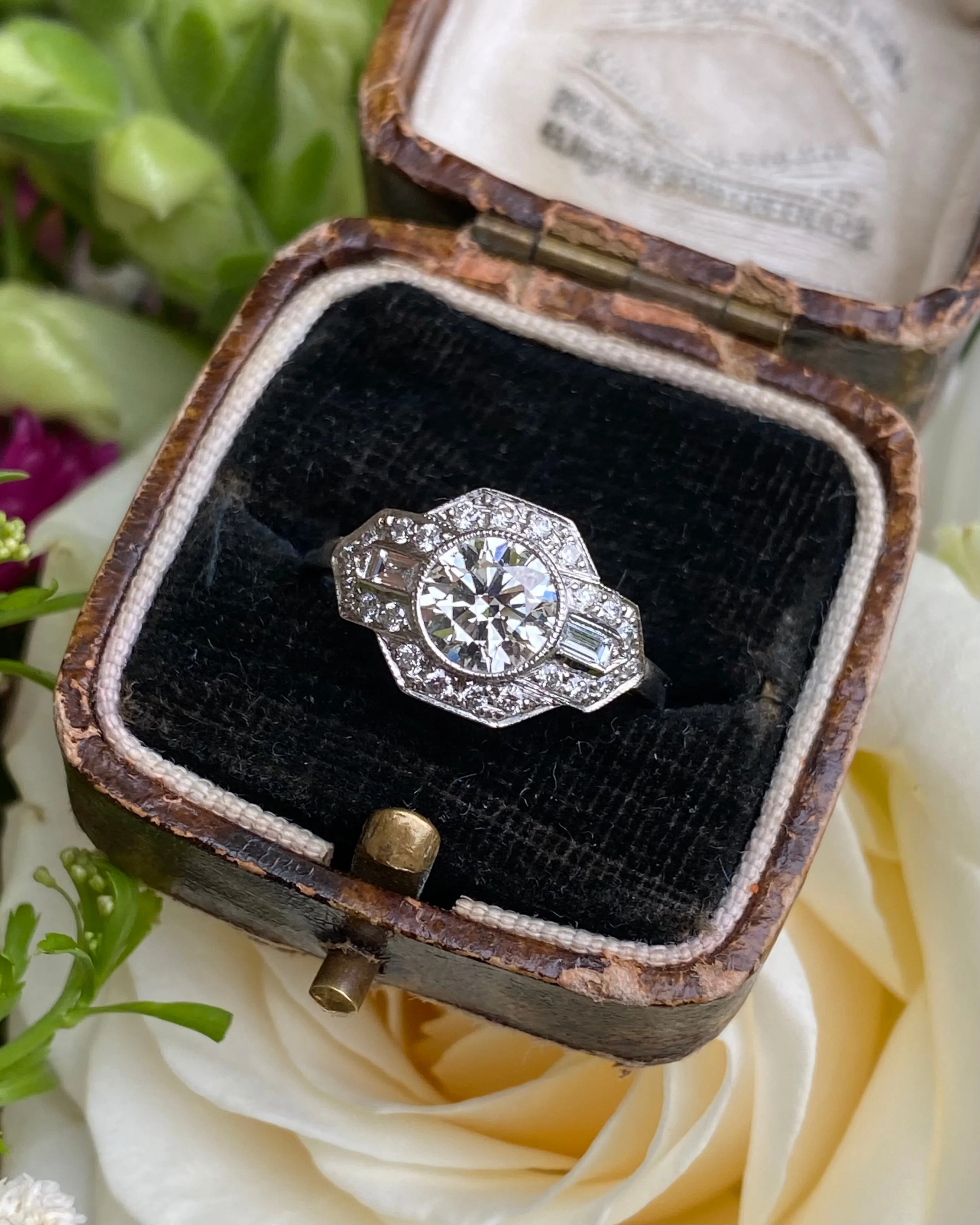 Art Deco Diamond Solitaire Platinum Cluster Ring 1.46ct