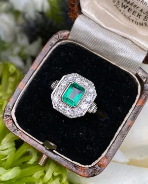 Art Deco Emerald and Diamond Cluster Platinum Ring 0.75ct   1.0ct