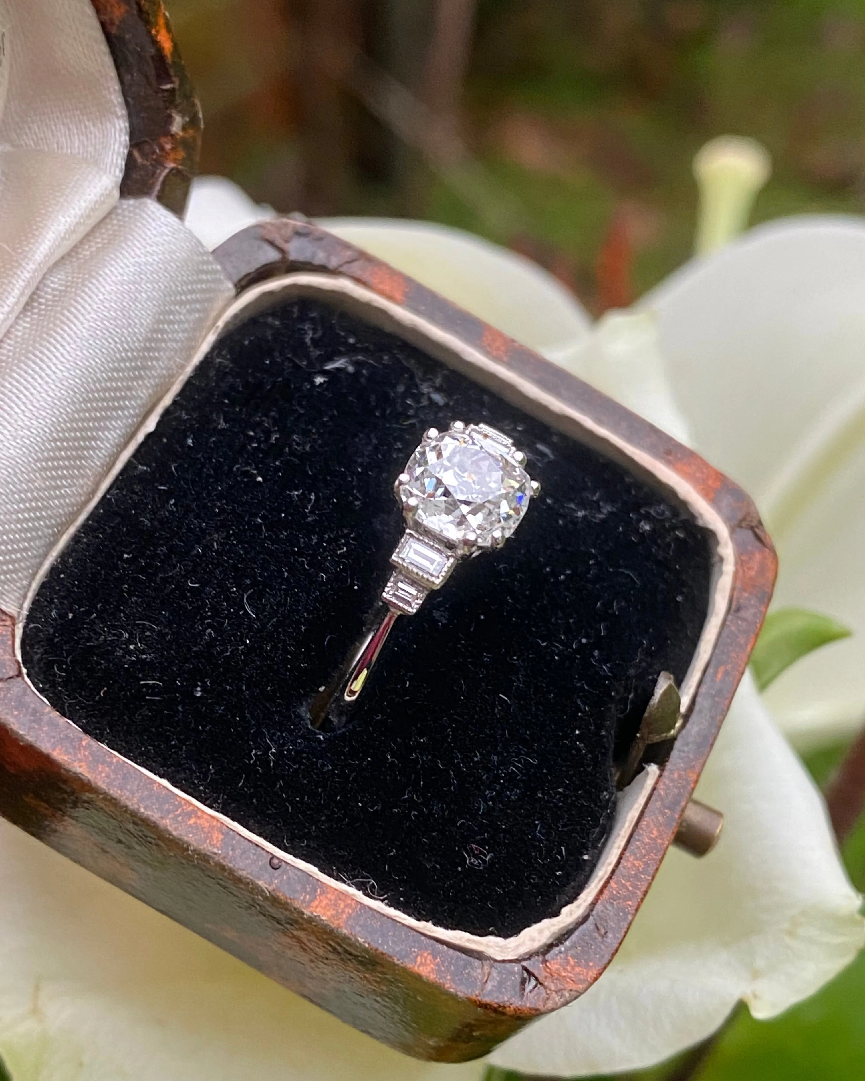 Art Deco Old Cut Diamond Solitaire Engagement Platinum Ring 1.18ct   0.15ct