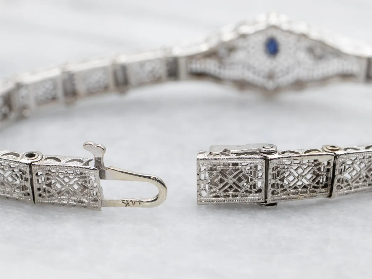 Art Deco Synthetic Sapphire and Diamond Filigree Bracelet
