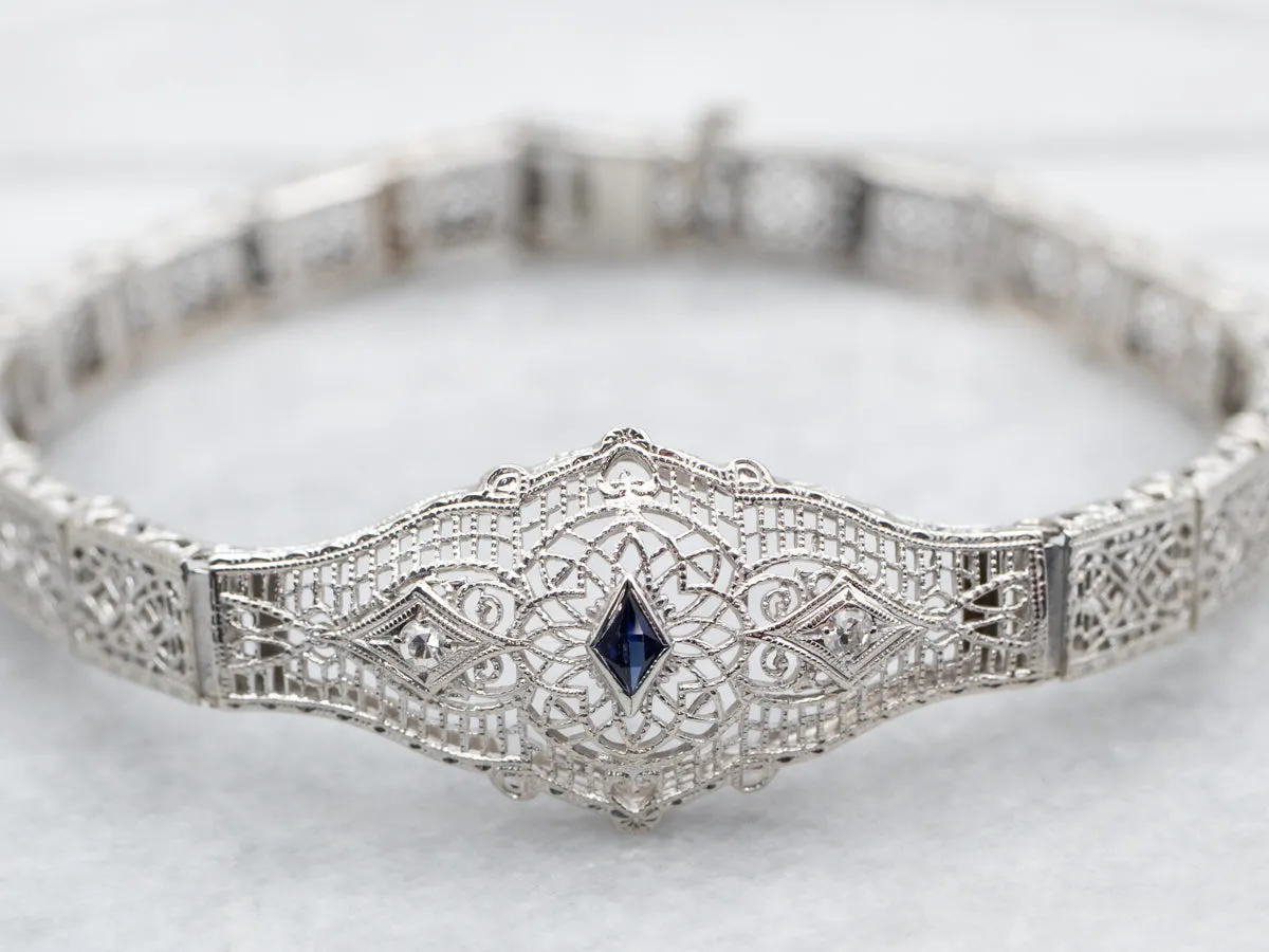 Art Deco Synthetic Sapphire and Diamond Filigree Bracelet