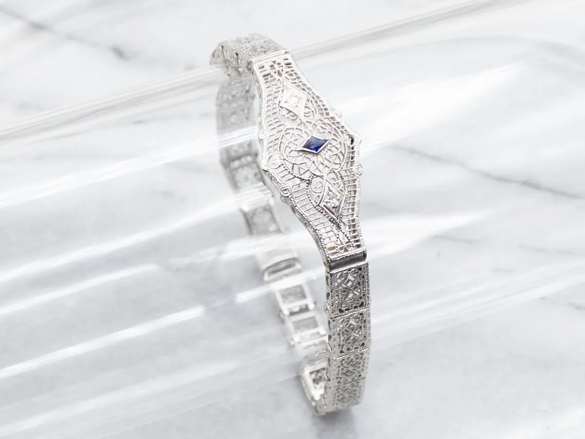 Art Deco Synthetic Sapphire and Diamond Filigree Bracelet