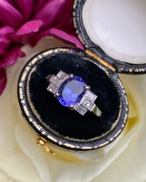 Art Deco Tanzanite and Diamond Platinum Ring 0.30ct   1.70ct