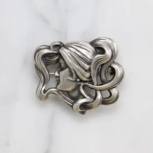 Art Nouveau Lovely Lady with Wild Tresses Brooch