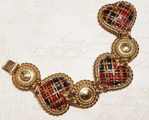 Butler and Wilson Heart Bracelet Gold Enamel Tartan Punk Vintage Signed