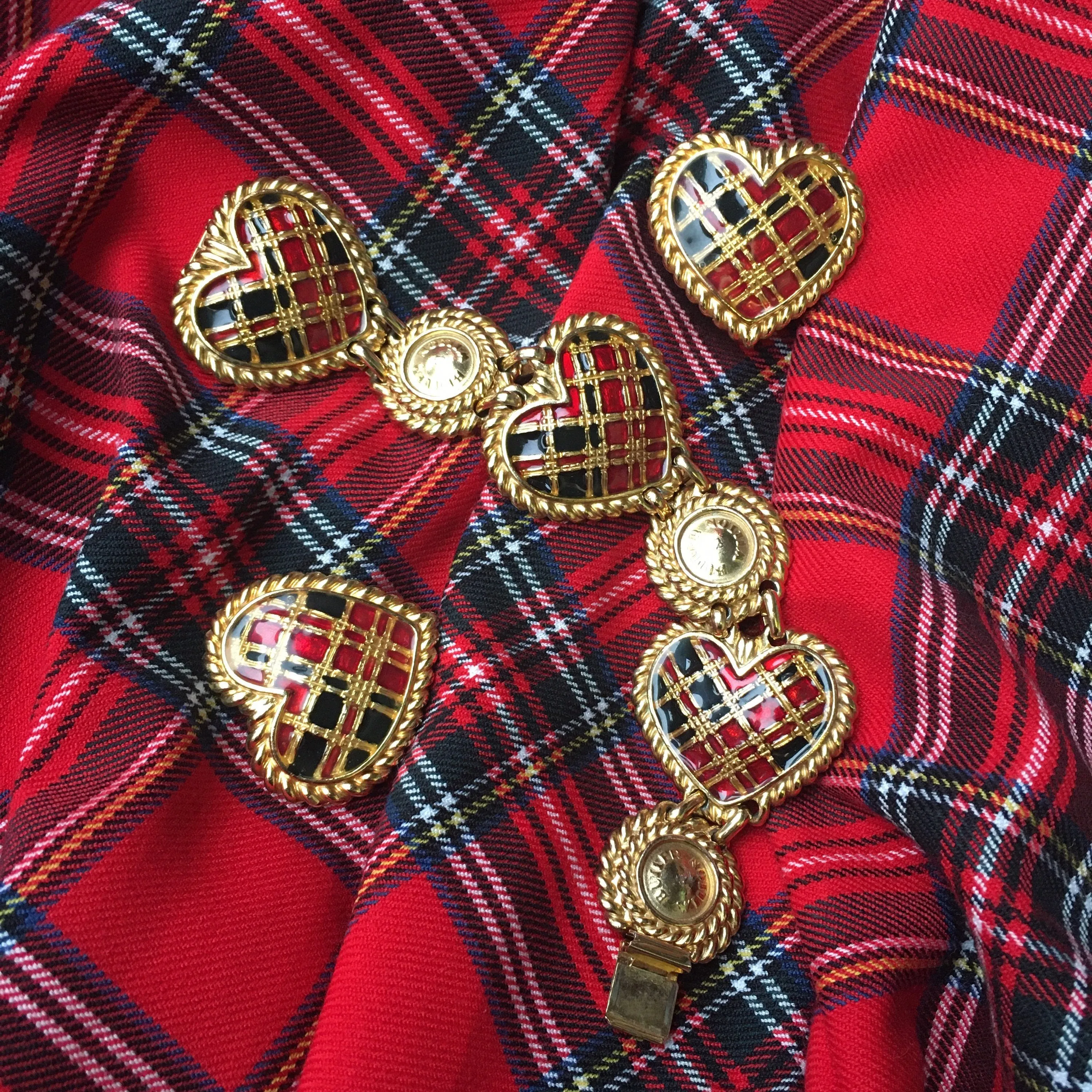 Butler and Wilson Heart Bracelet Gold Enamel Tartan Punk Vintage Signed