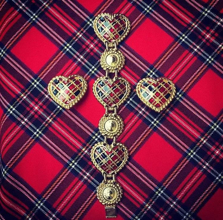 Butler and Wilson Heart Bracelet Gold Enamel Tartan Punk Vintage Signed