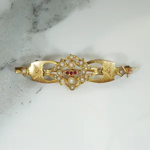 Charming Victorian Gold Brooch with Garnets & Pearls