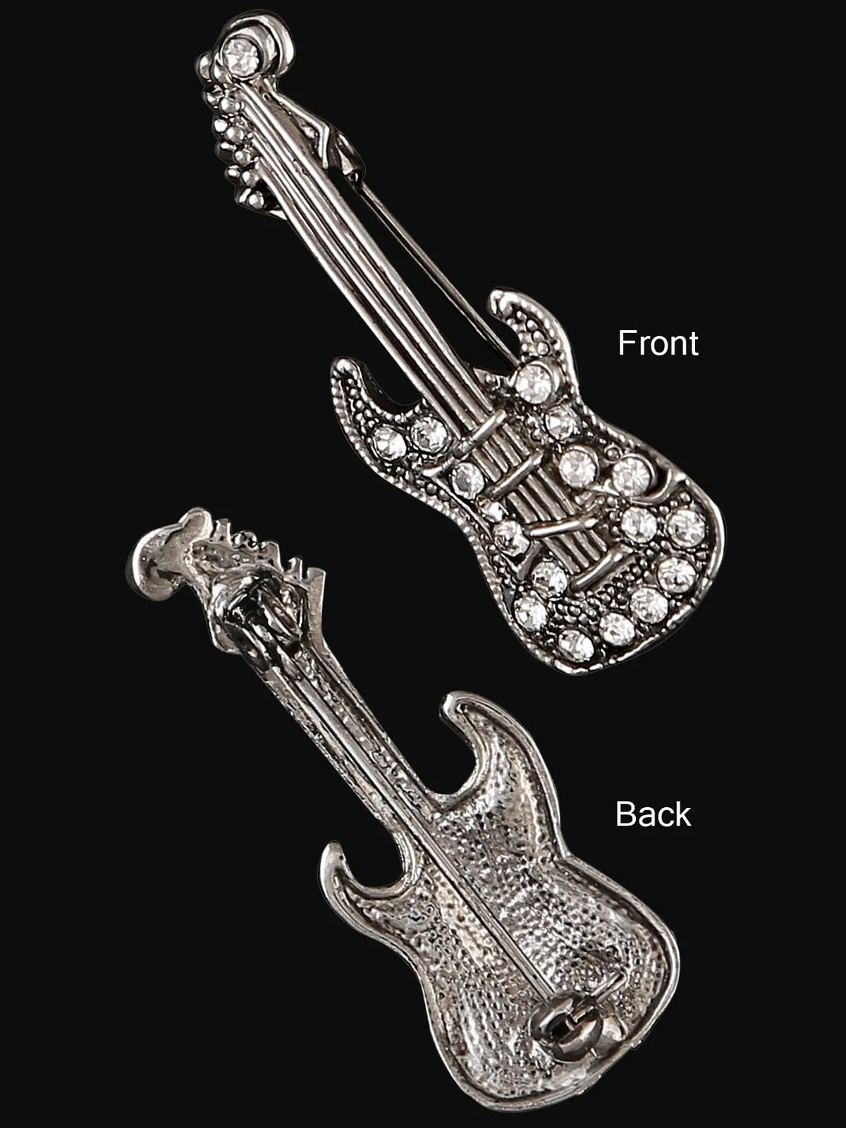 Clear Crystal Guitar Brooch Pin In Antique Gold & Antique Silver Tone finish