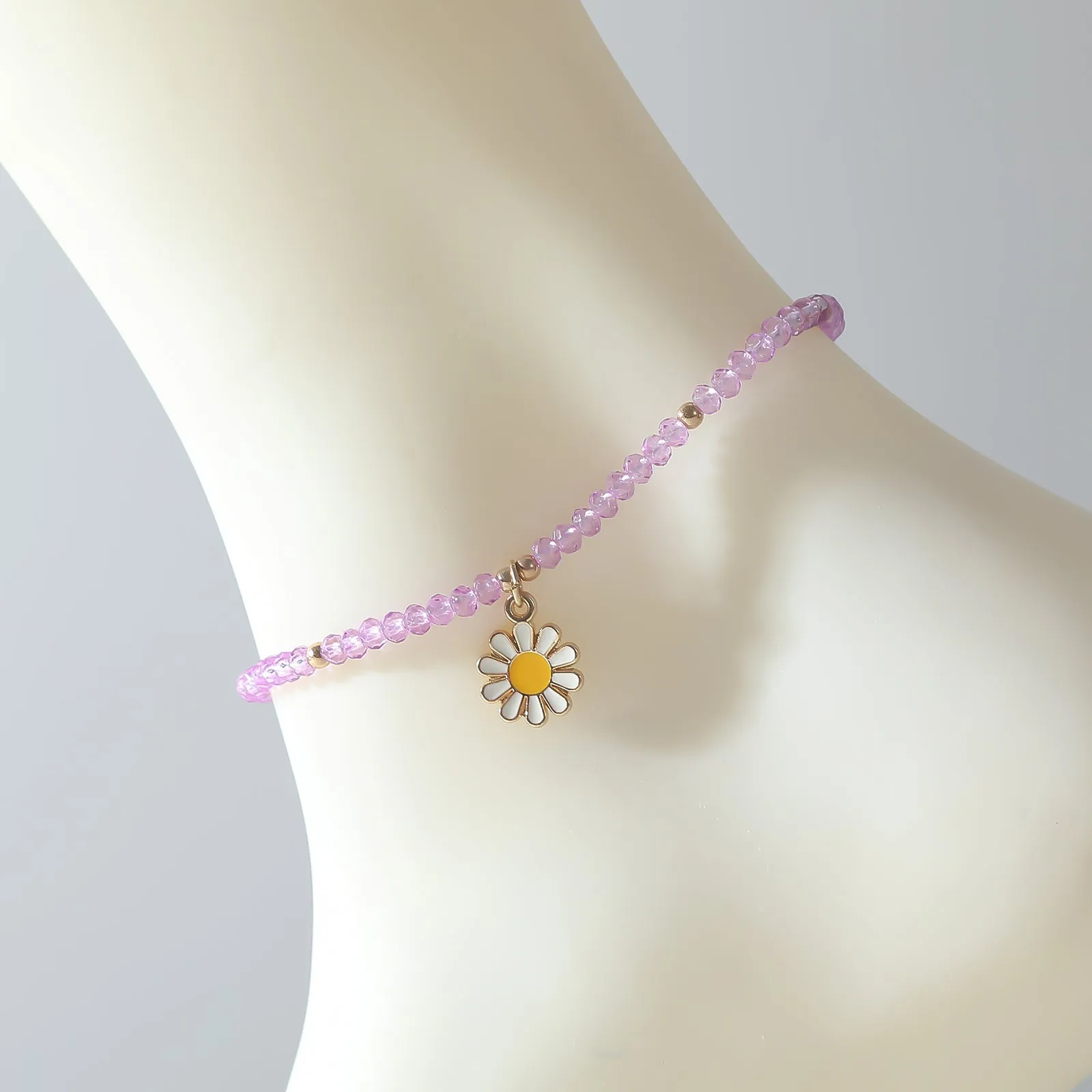 Colorful Beaded Daisy Anklet with Gold Chain ?C Adjustable Summer Foot Jewelry
