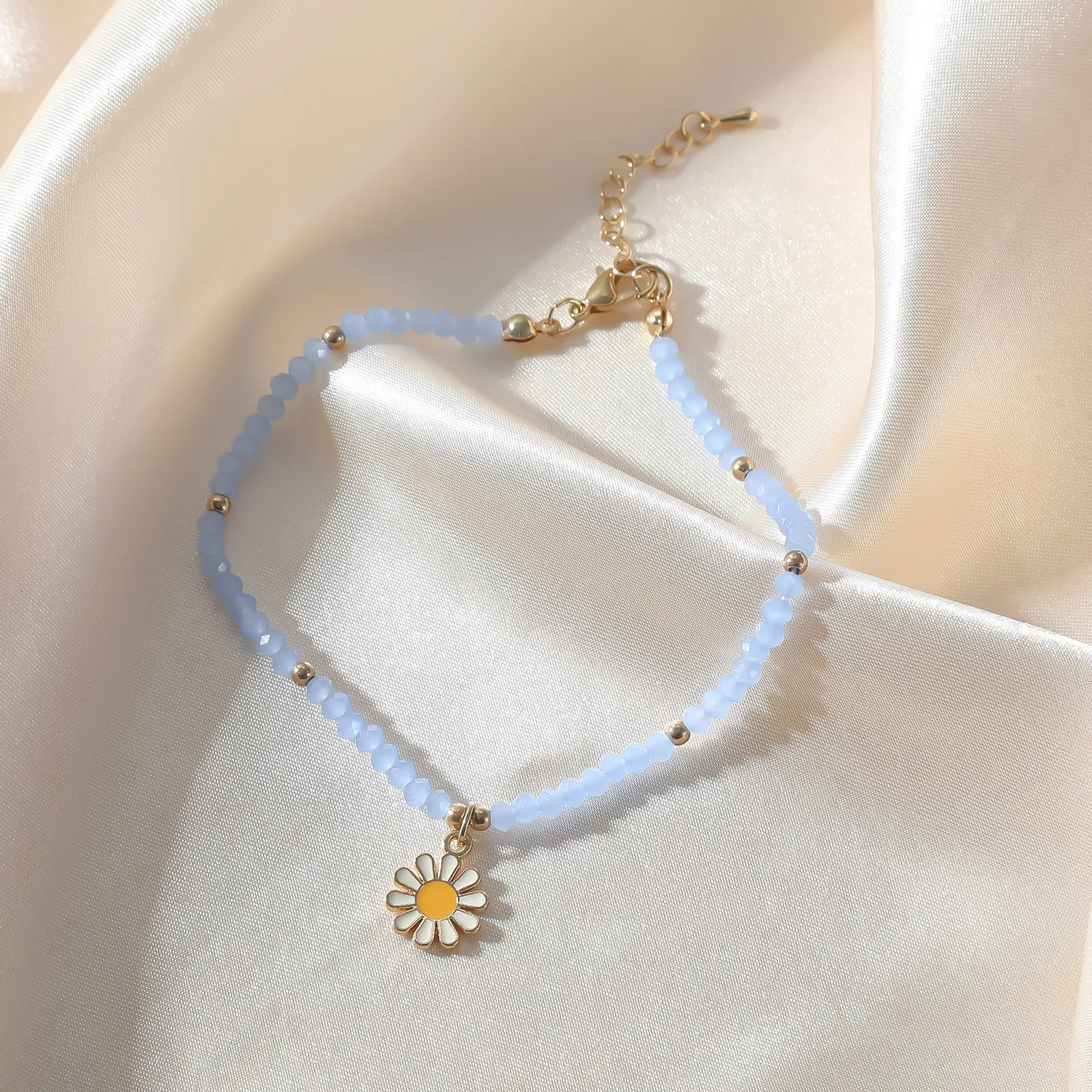Colorful Beaded Daisy Anklet with Gold Chain ?C Adjustable Summer Foot Jewelry