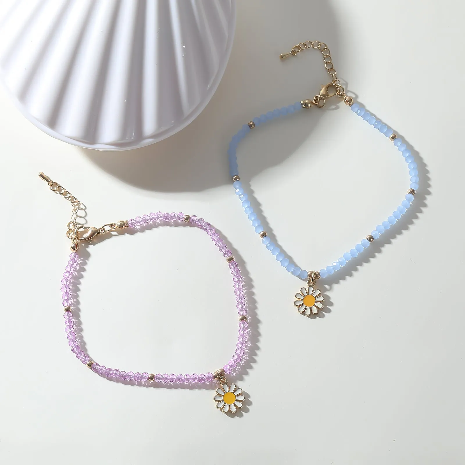 Colorful Beaded Daisy Anklet with Gold Chain ?C Adjustable Summer Foot Jewelry