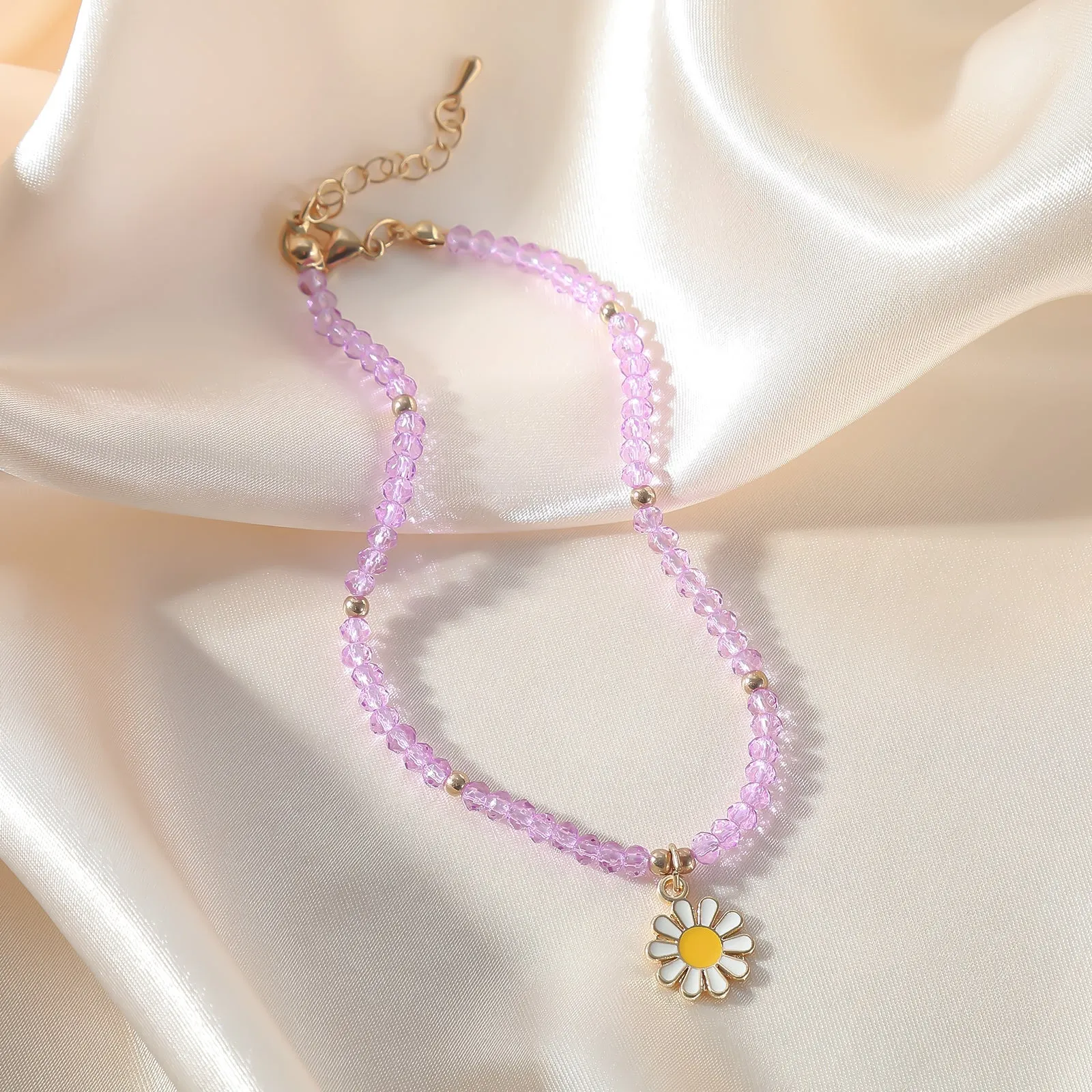 Colorful Beaded Daisy Anklet with Gold Chain ?C Adjustable Summer Foot Jewelry