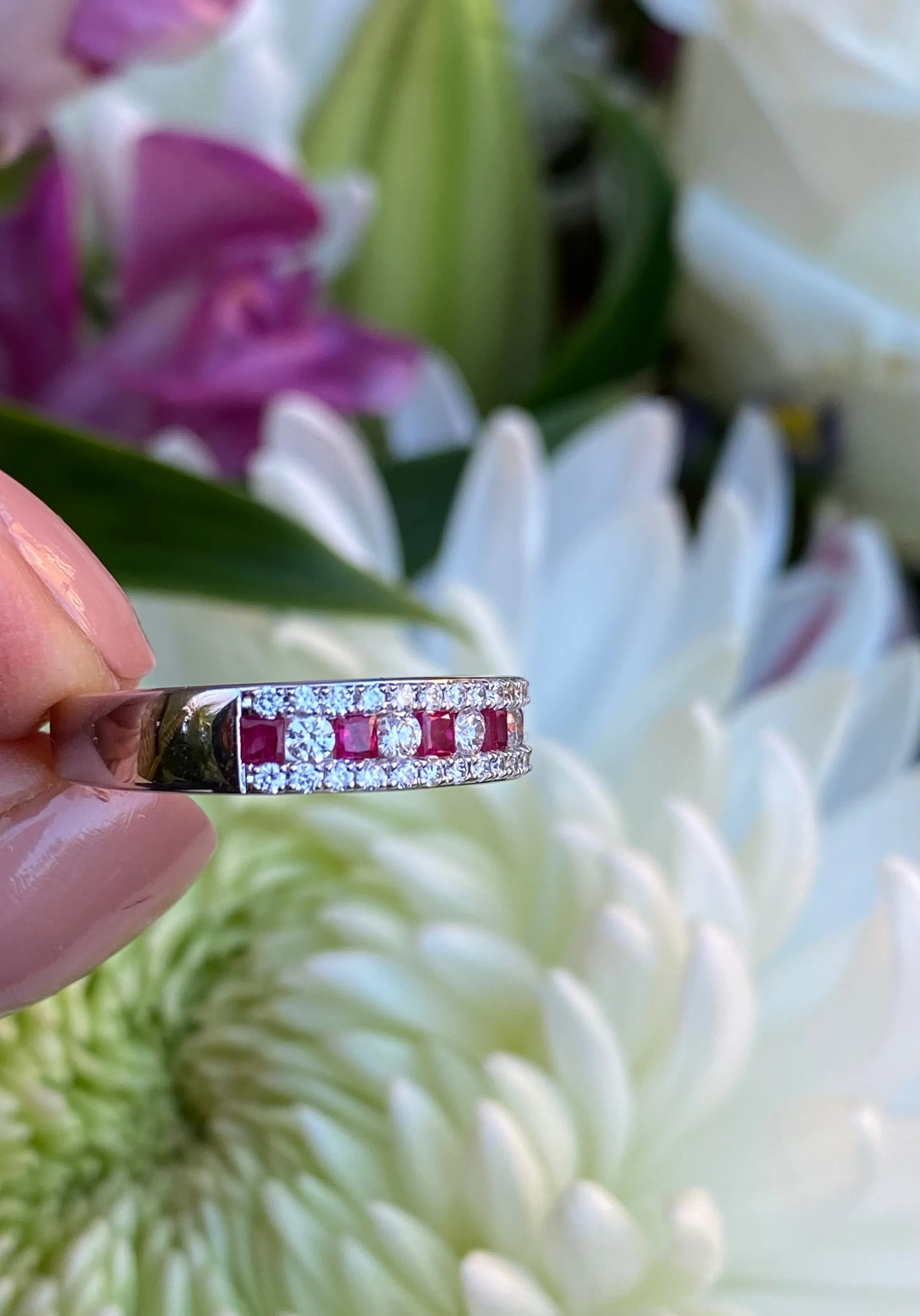 Contemporary Ruby and Diamond Half Eternity Ring 0.44ct   0.48ct 18ct White Gold