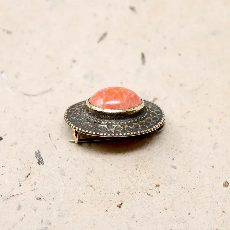 Coral-Colored Pate de Verre in Brass Brooch