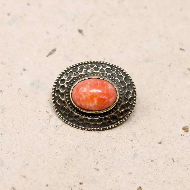 Coral-Colored Pate de Verre in Brass Brooch