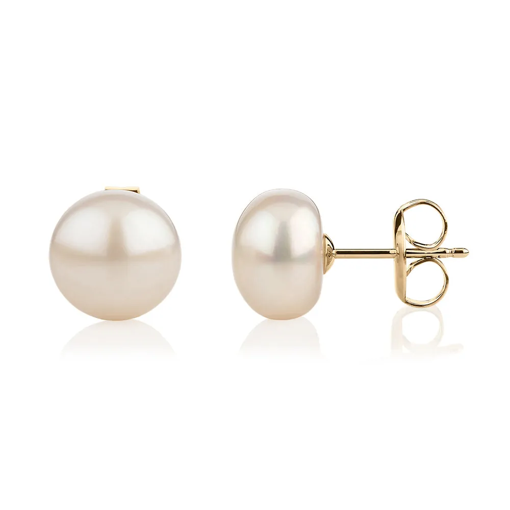 Cultured freshwater pearl 9.5mm stud earrings in 10 carat yellow gold