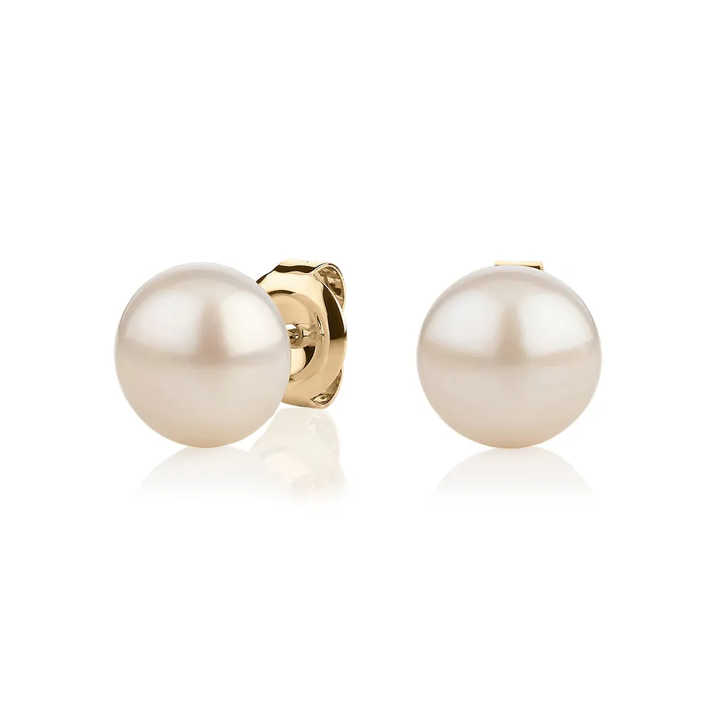 Cultured freshwater pearl 9.5mm stud earrings in 10 carat yellow gold