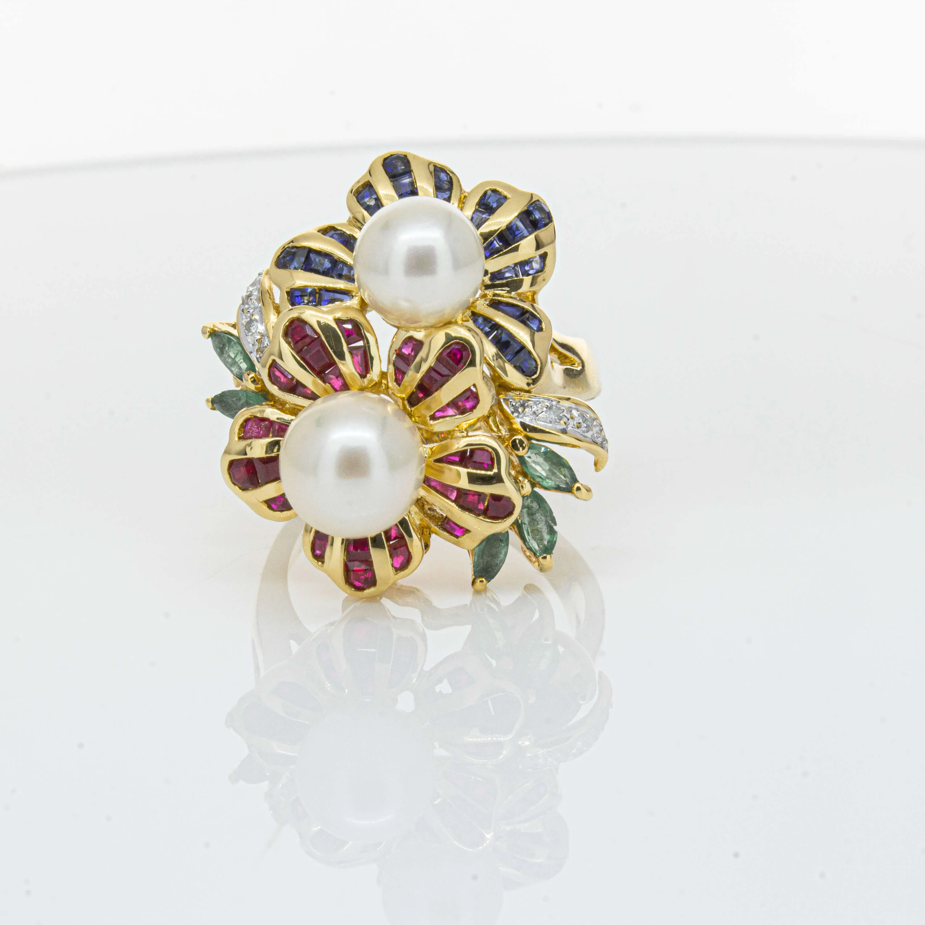 Deja Vu 18ct Yellow Gold Pearl & Multi Gem Floral Ring