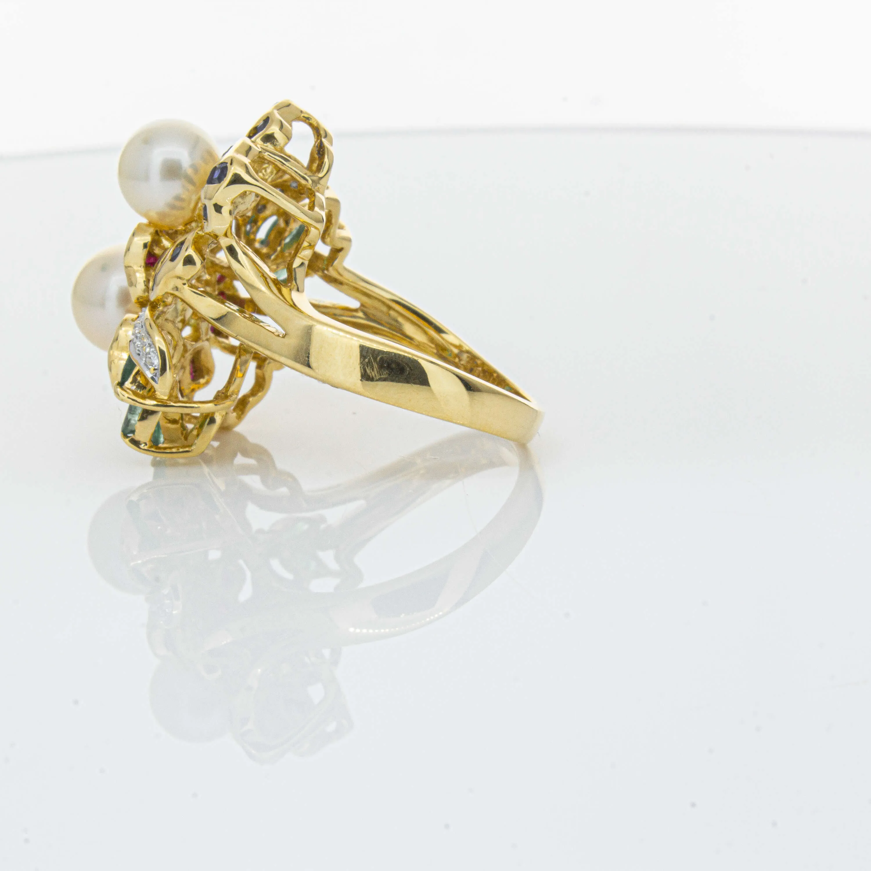 Deja Vu 18ct Yellow Gold Pearl & Multi Gem Floral Ring