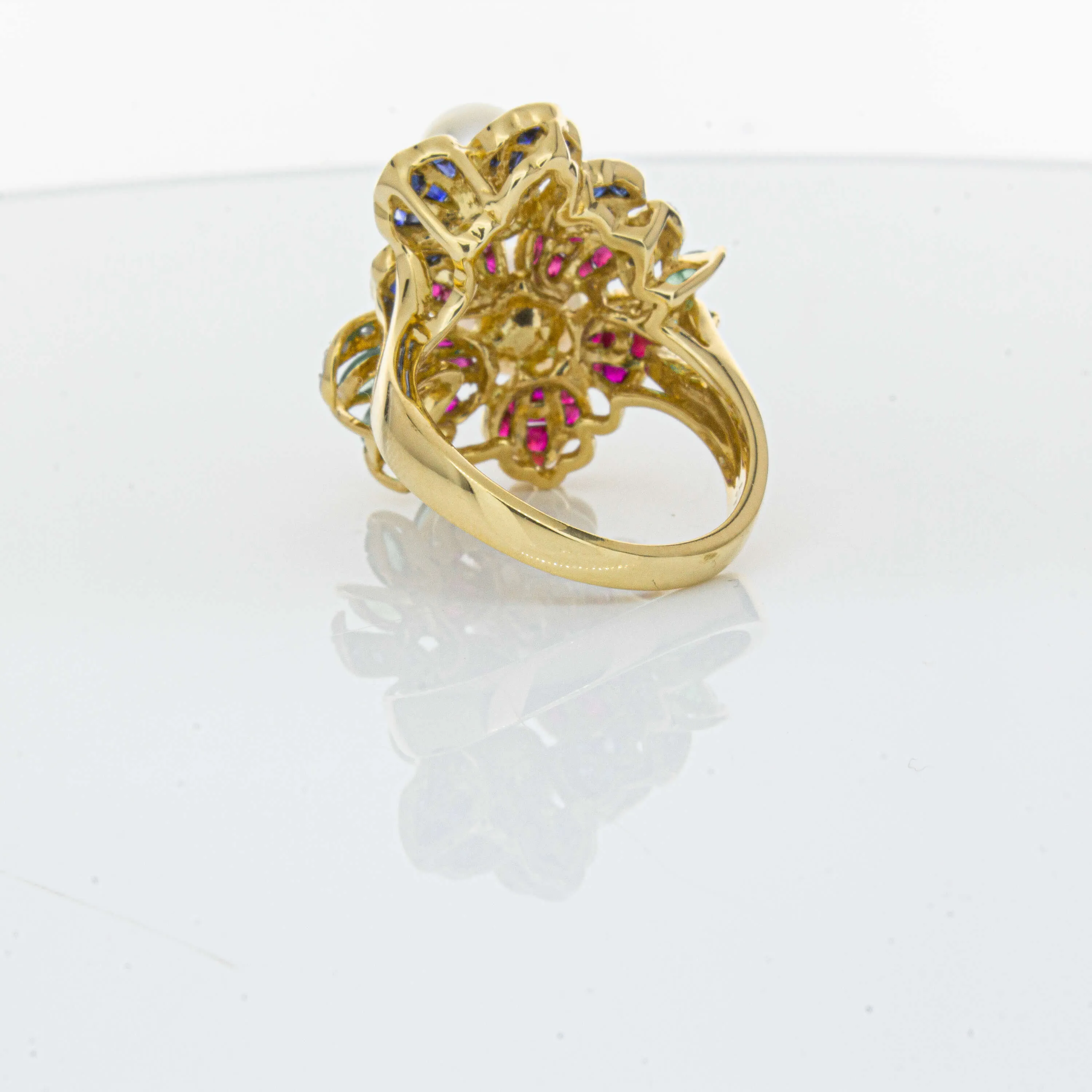Deja Vu 18ct Yellow Gold Pearl & Multi Gem Floral Ring