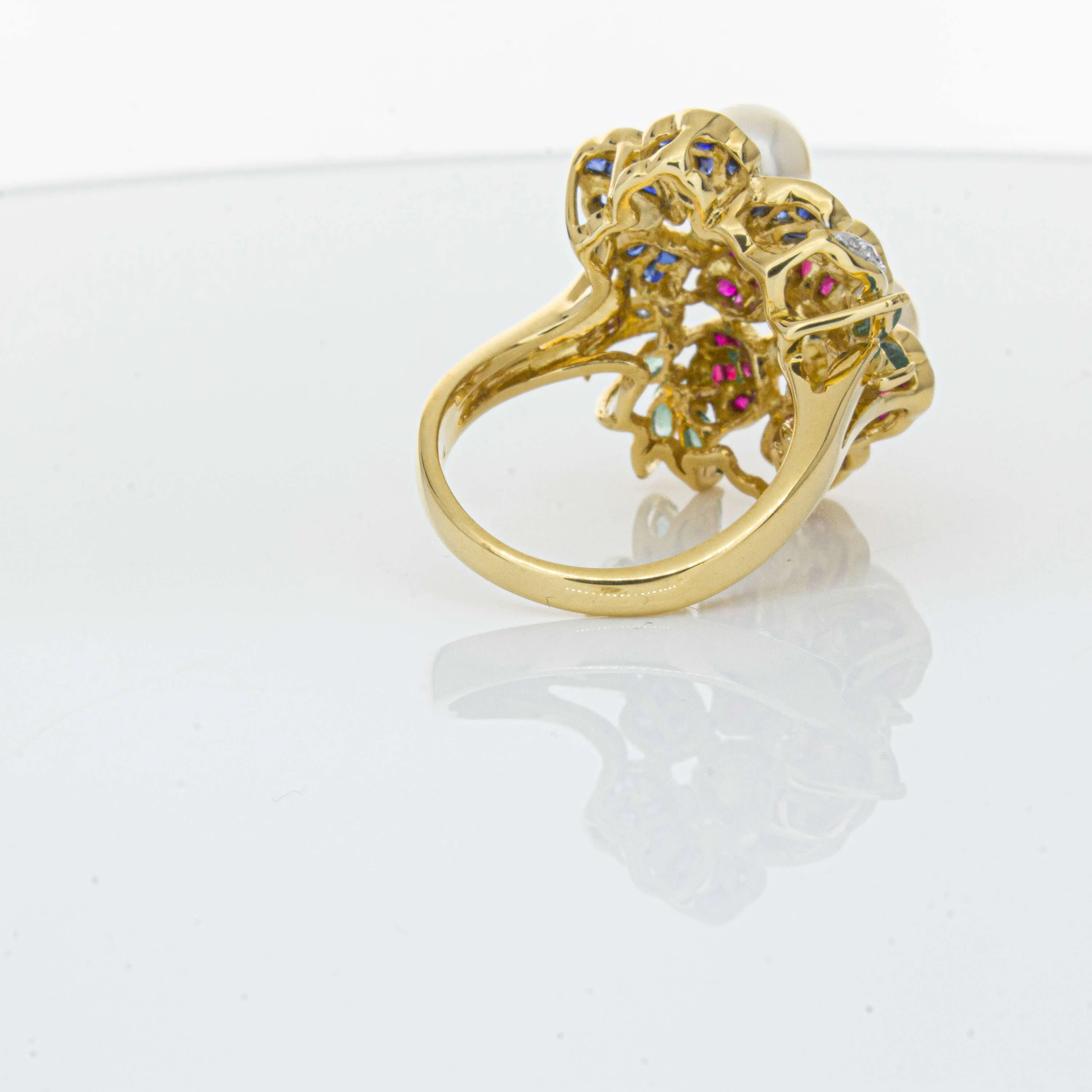 Deja Vu 18ct Yellow Gold Pearl & Multi Gem Floral Ring