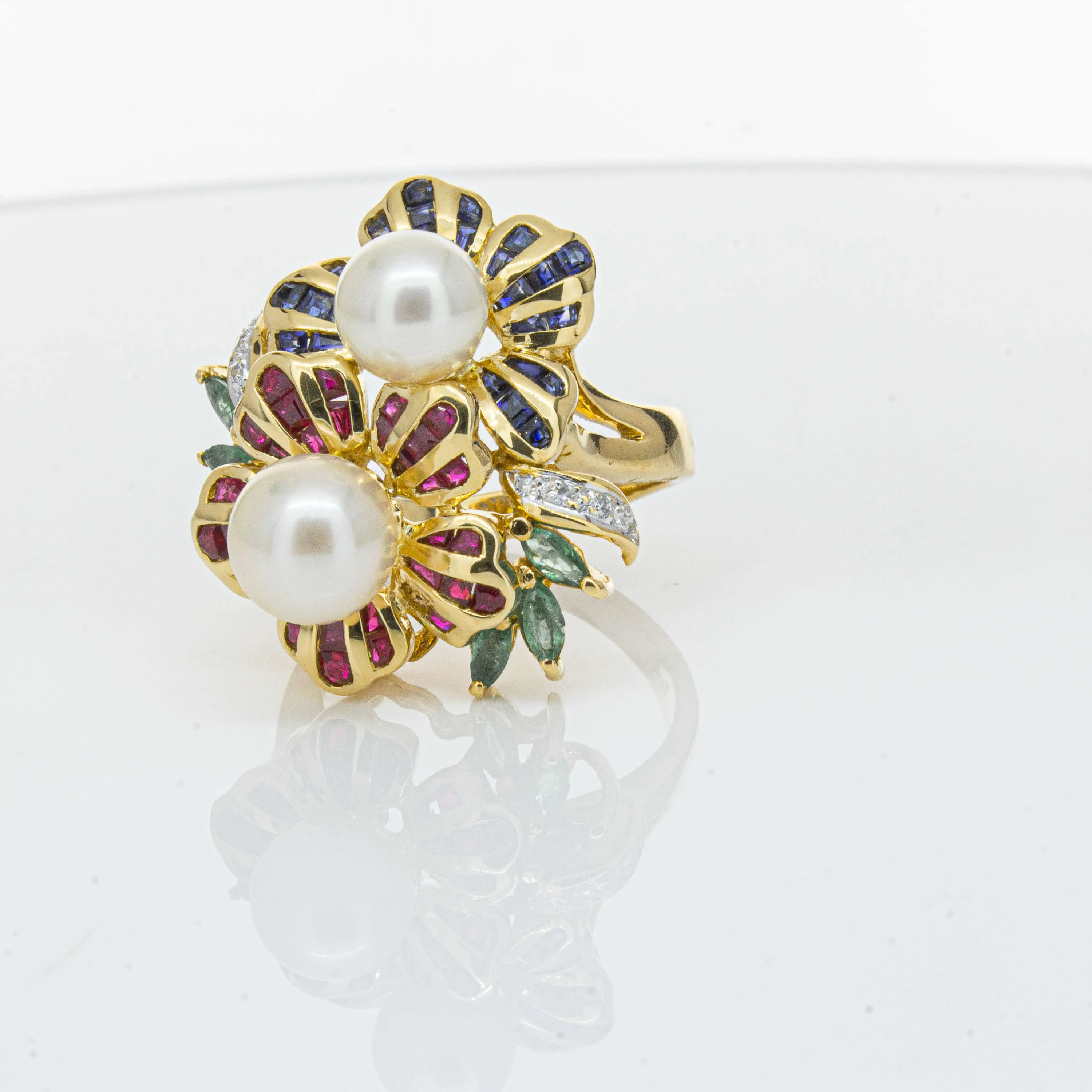 Deja Vu 18ct Yellow Gold Pearl & Multi Gem Floral Ring