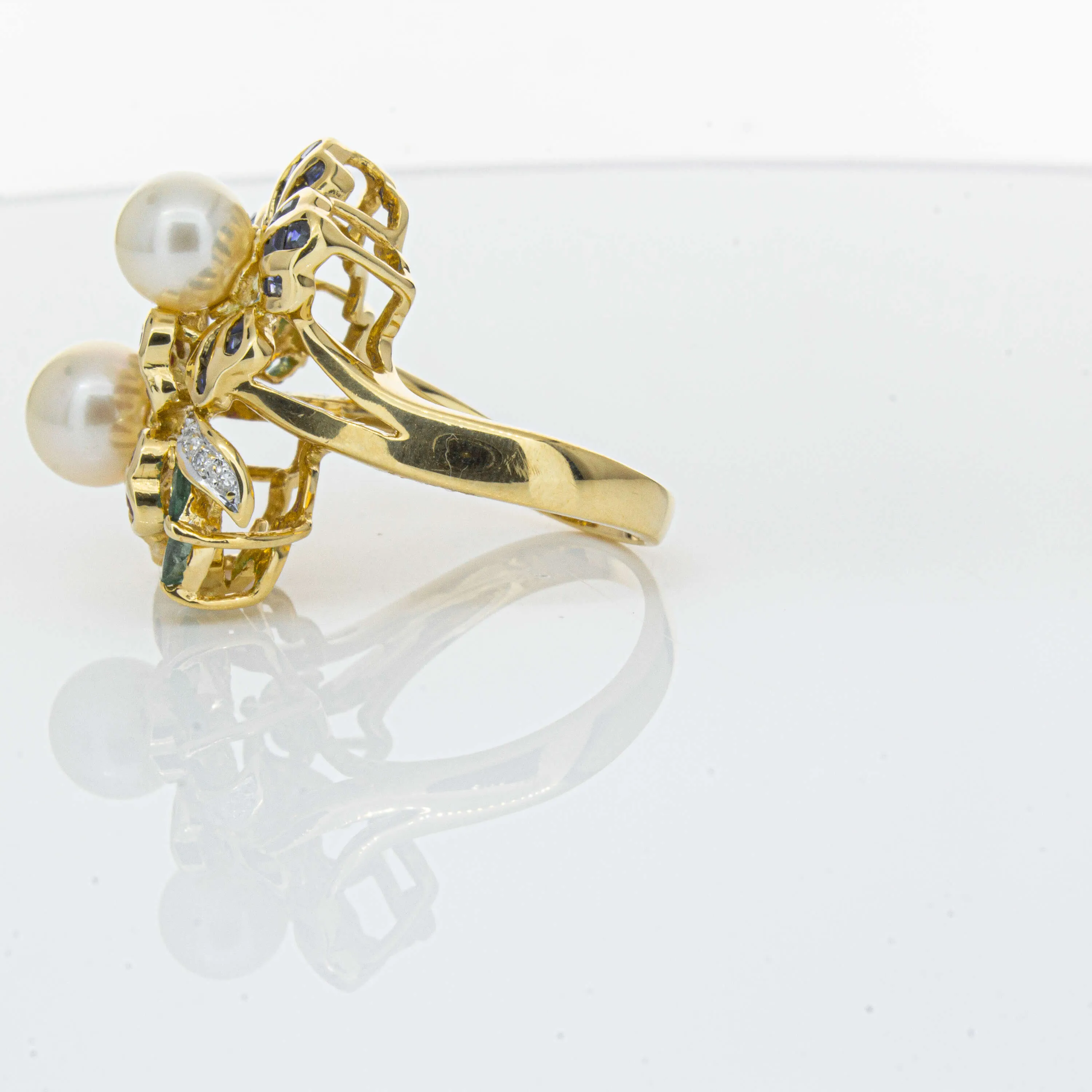 Deja Vu 18ct Yellow Gold Pearl & Multi Gem Floral Ring