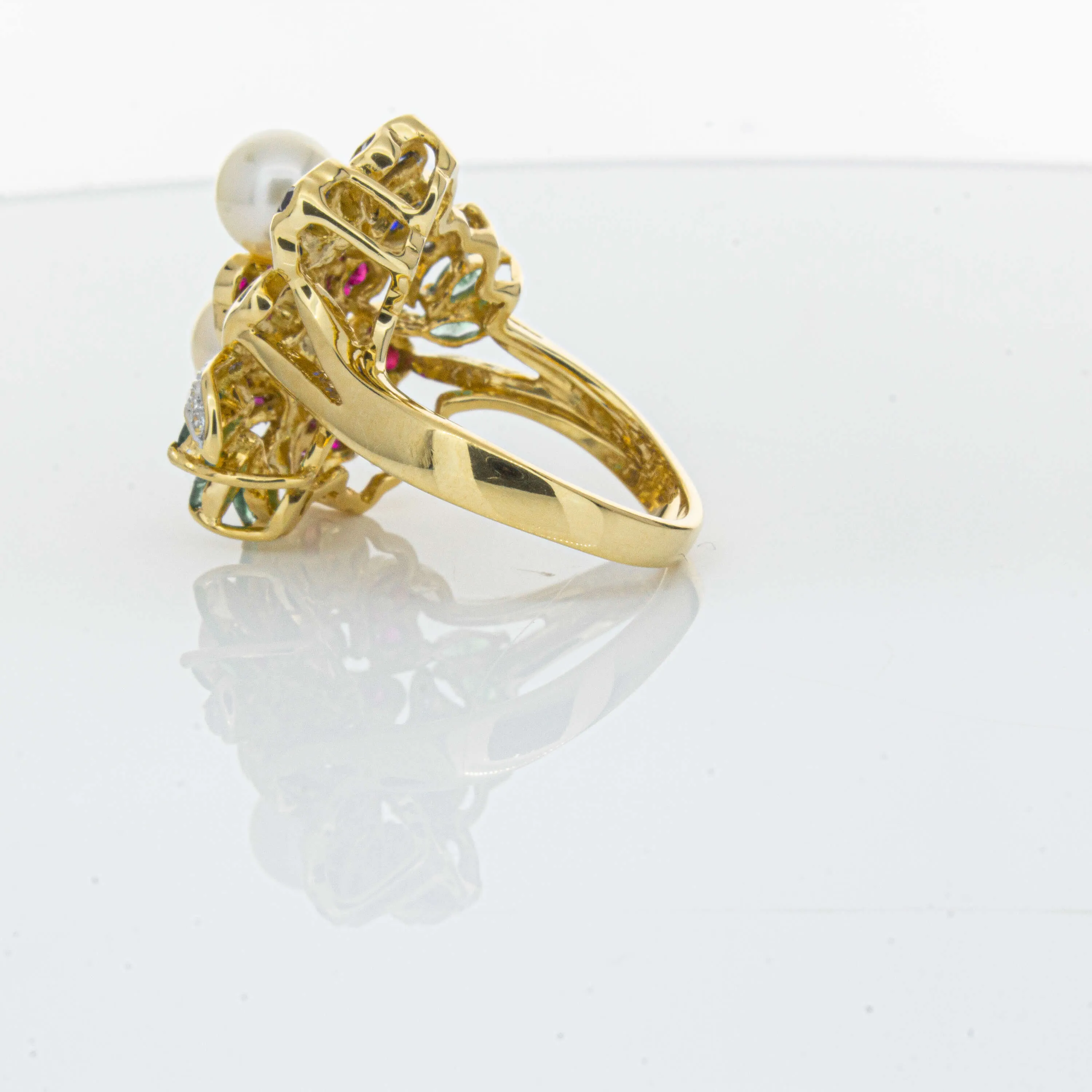 Deja Vu 18ct Yellow Gold Pearl & Multi Gem Floral Ring
