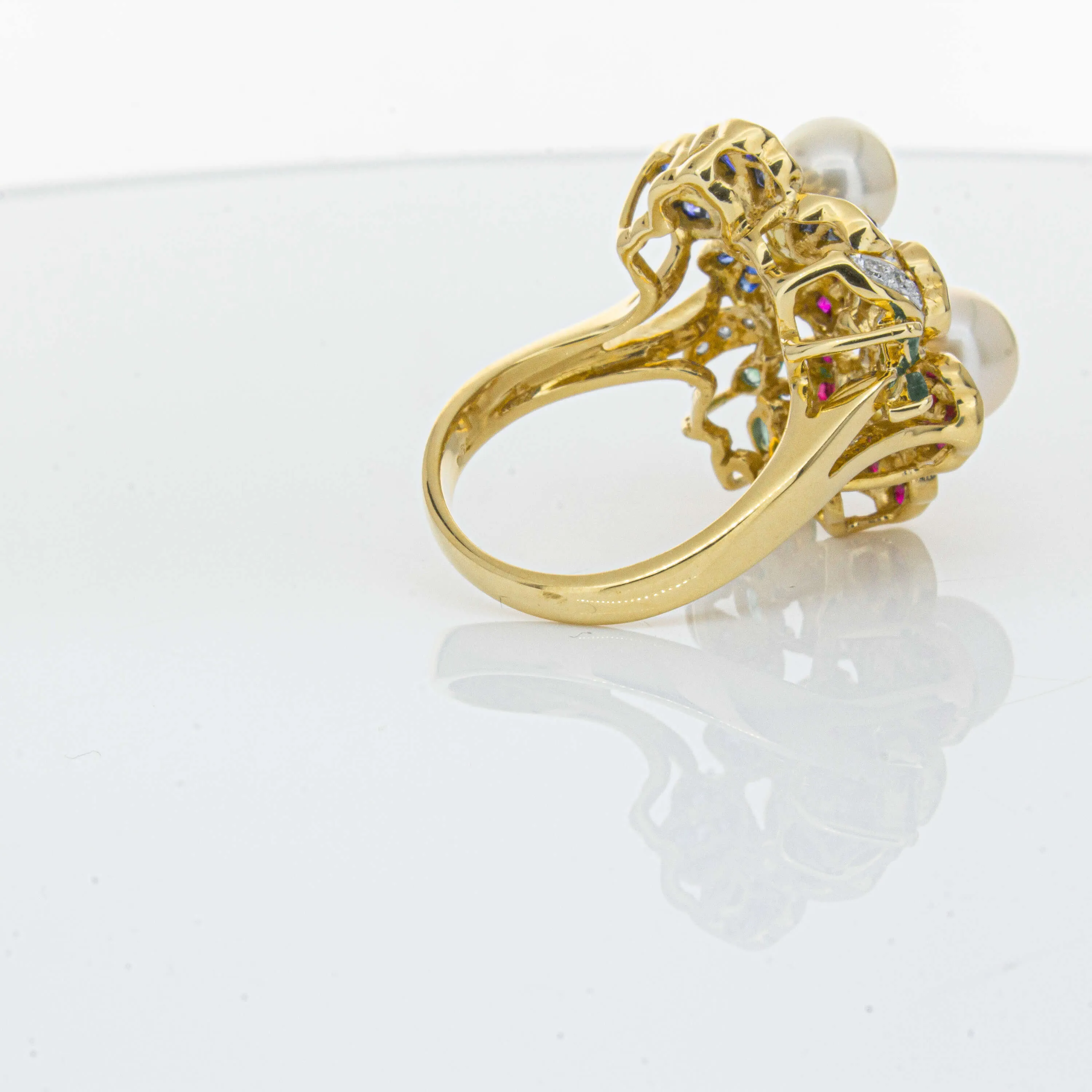 Deja Vu 18ct Yellow Gold Pearl & Multi Gem Floral Ring