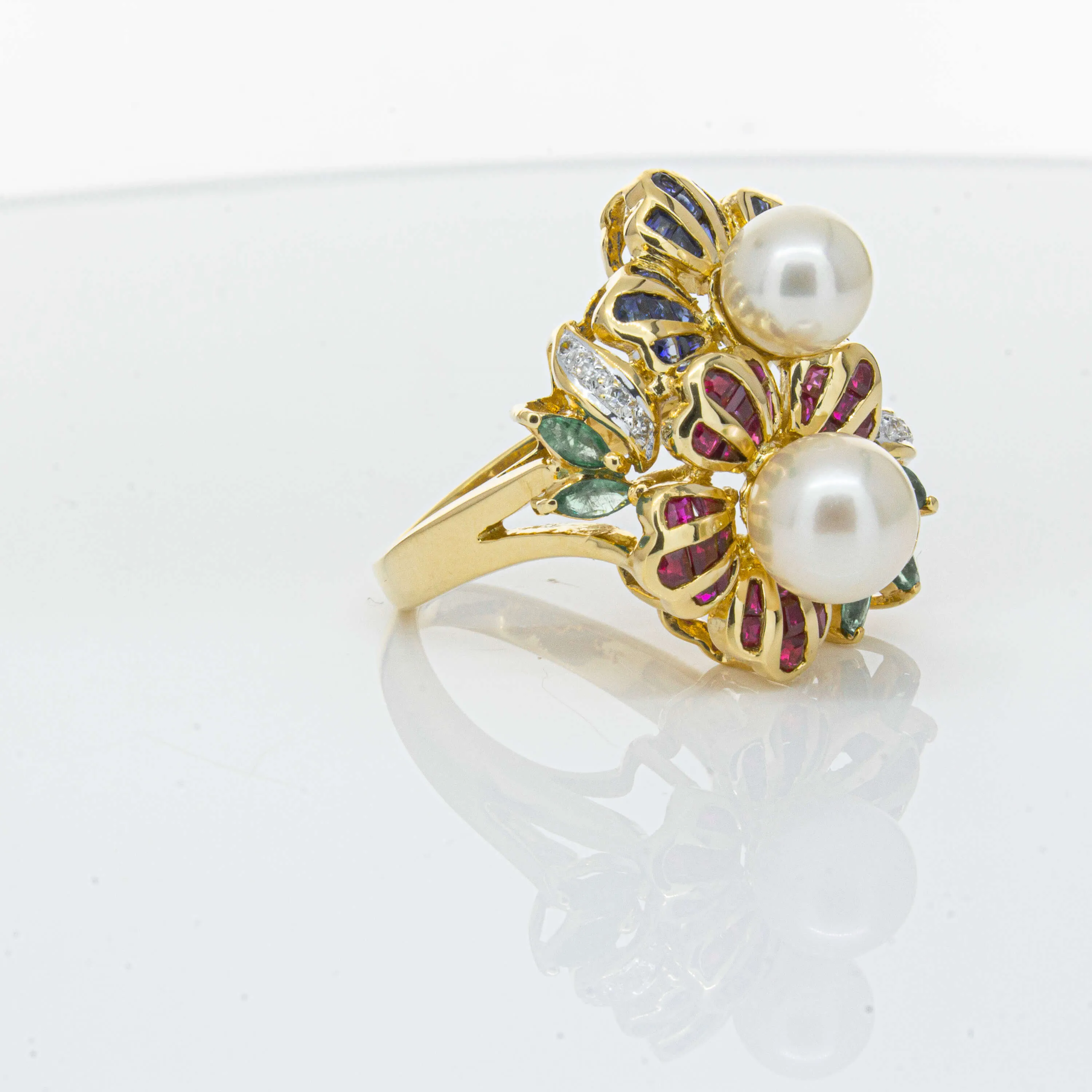 Deja Vu 18ct Yellow Gold Pearl & Multi Gem Floral Ring