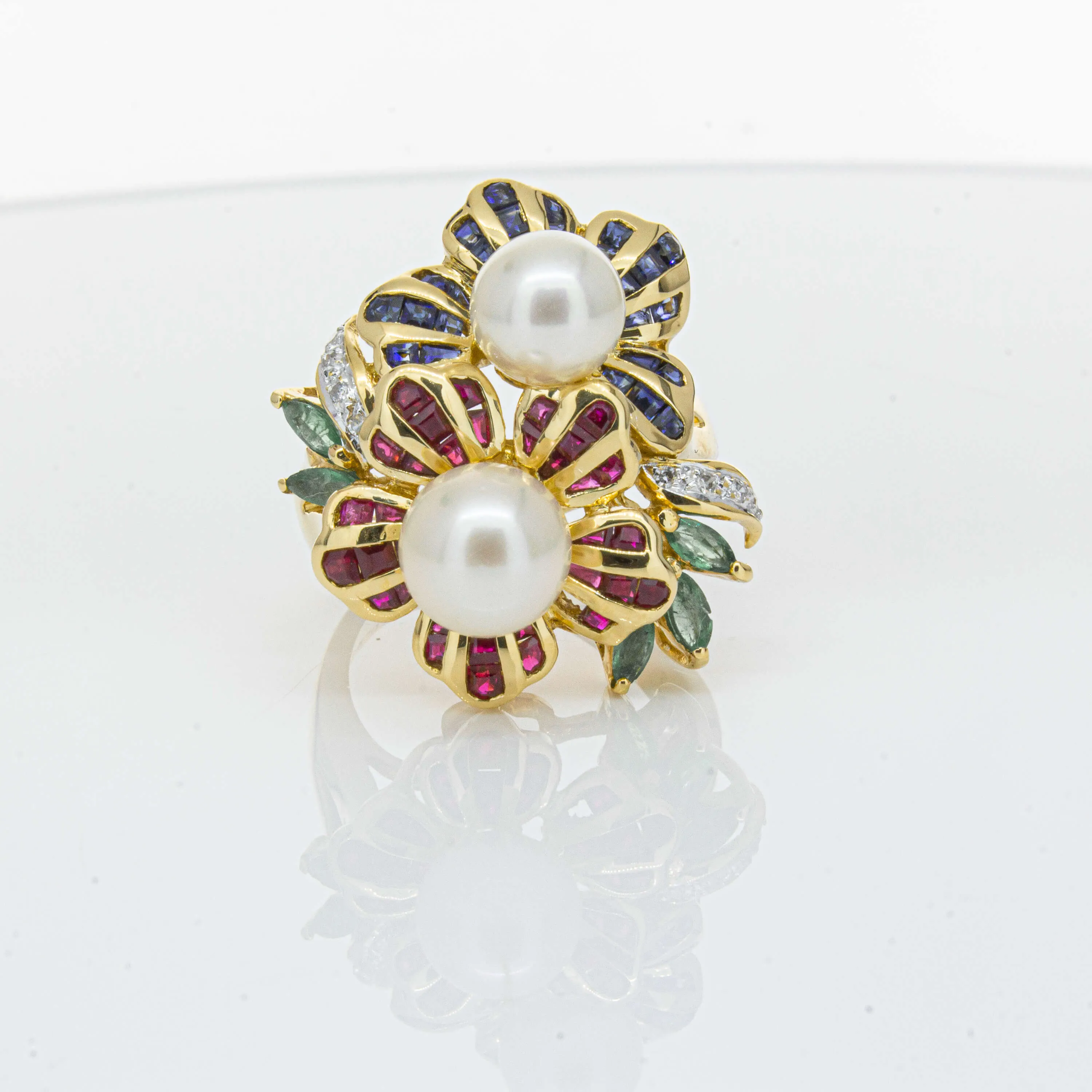 Deja Vu 18ct Yellow Gold Pearl & Multi Gem Floral Ring