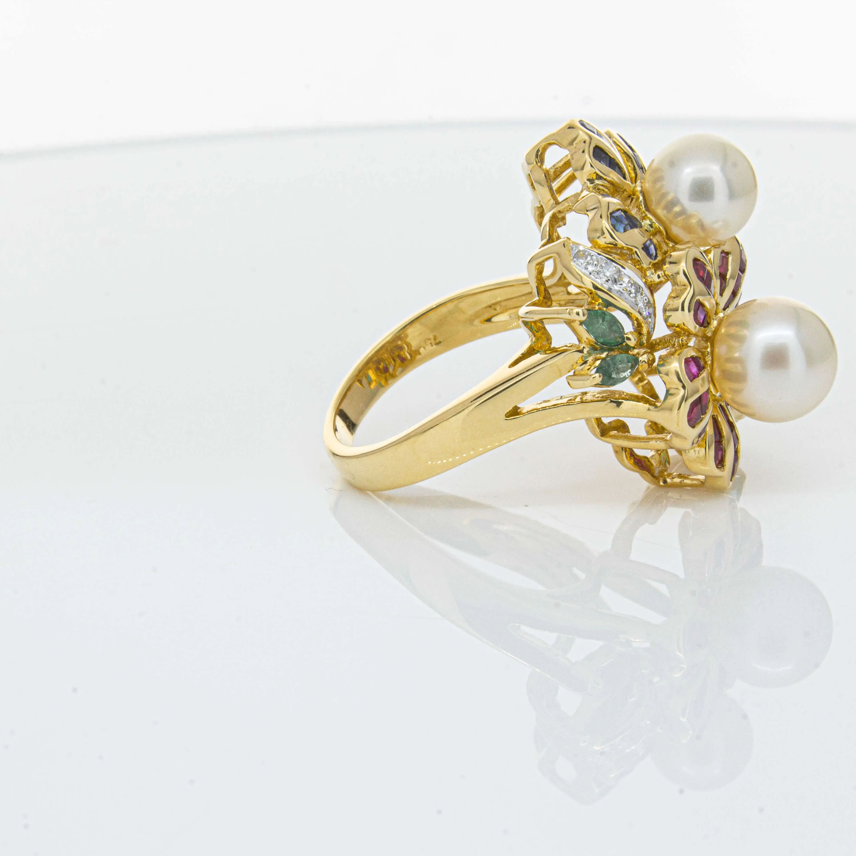 Deja Vu 18ct Yellow Gold Pearl & Multi Gem Floral Ring